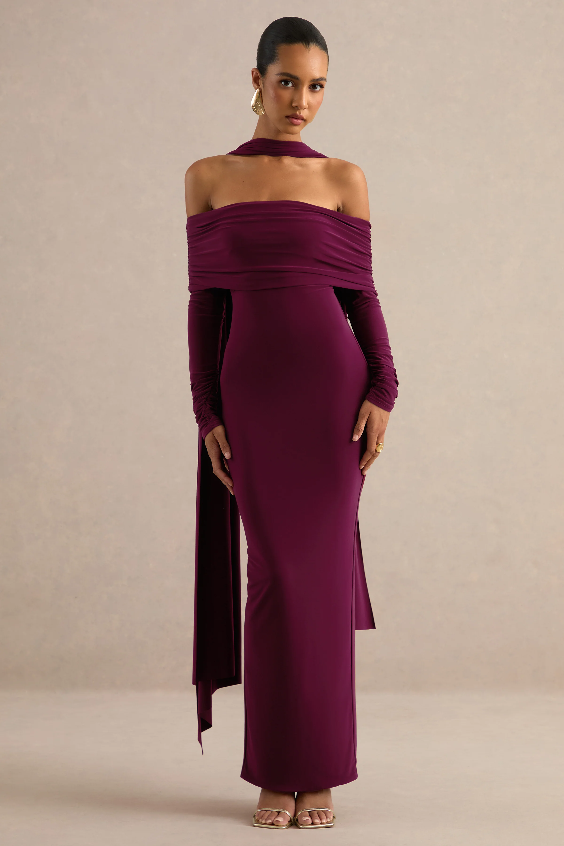 Julissa | Burgundy Jersey Ruched Bardot Long Sleeve Maxi Dress With Scarf Detail And Split