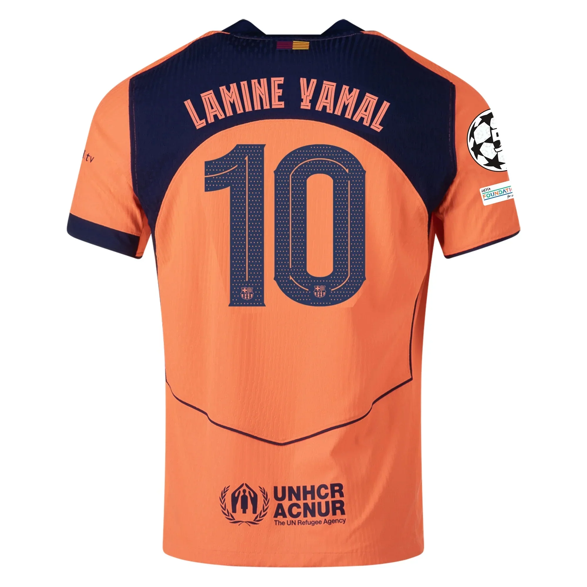 Lamine Yamal FC Barcelona Third T90 Authentic Jersey 25/26 w/ Champions League Patches (Bright Mango/Midnight Navy)