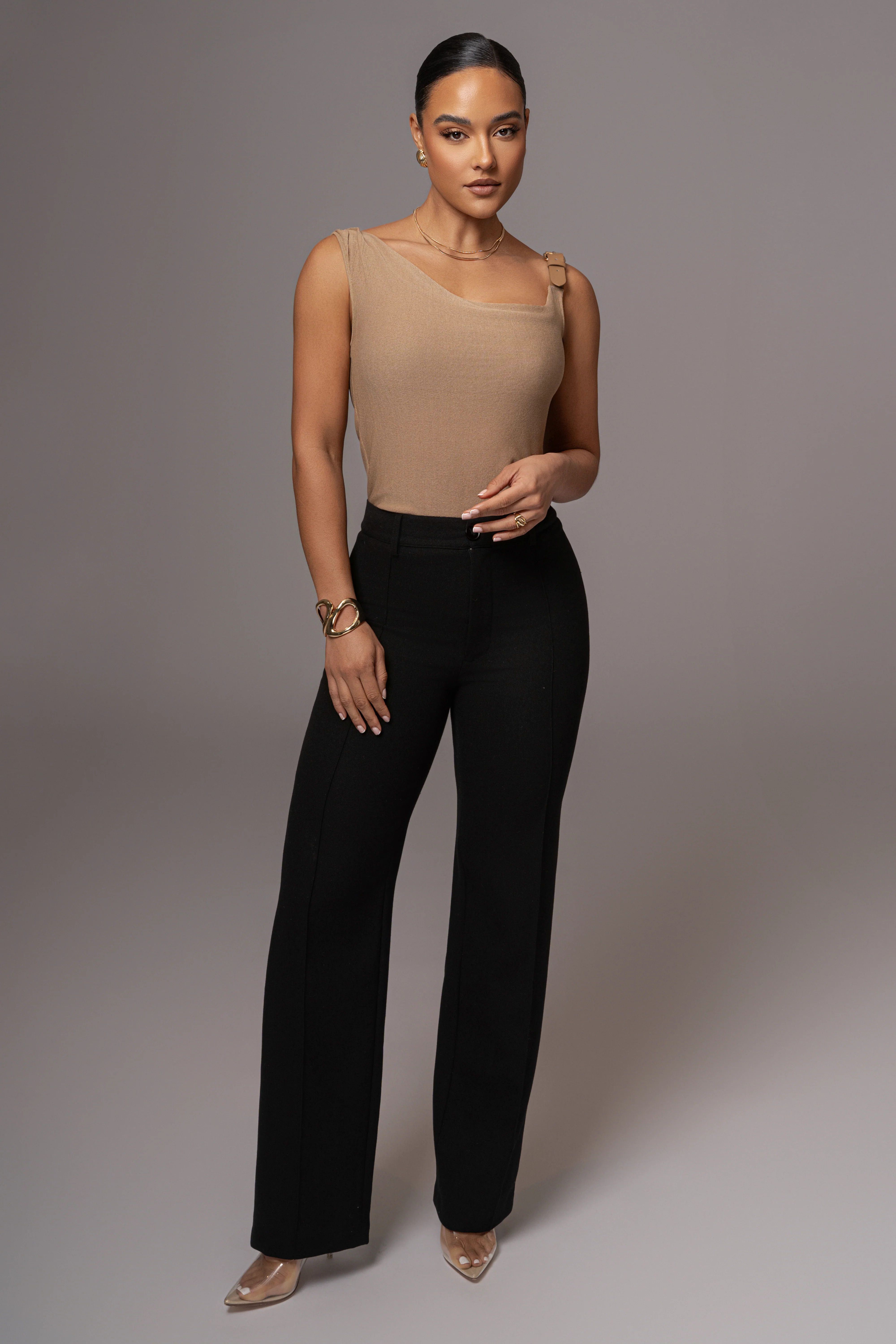 Beige Shanti Faux Buckle Top