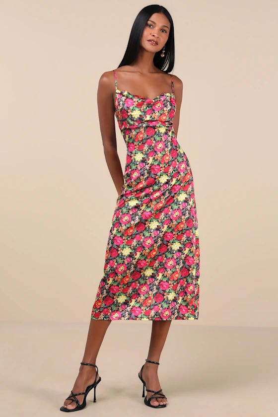 Black Multi Dress - Floral Satin Dress - Cowl Neck Midi Dress