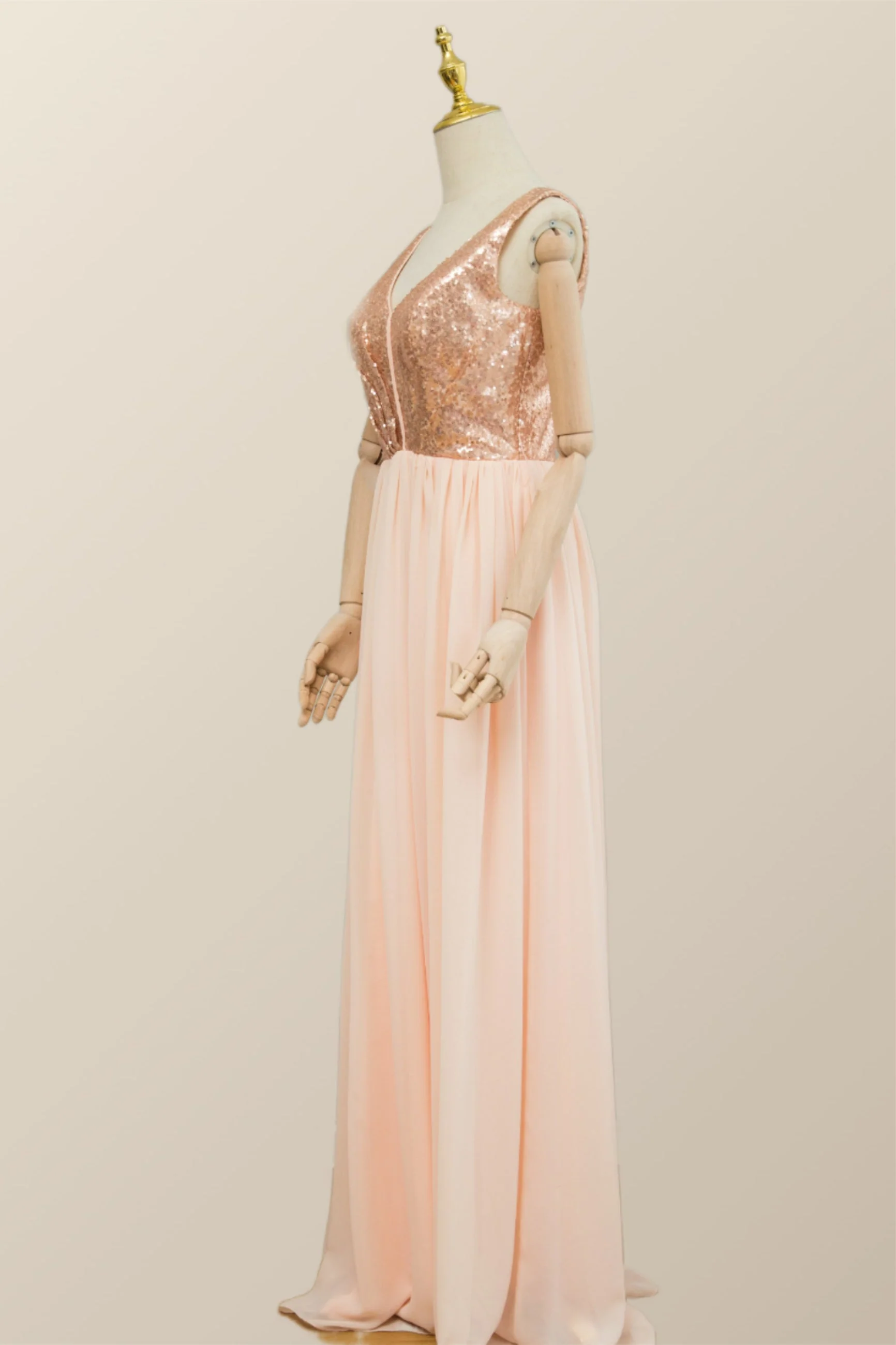 V Neck Rose Gold Sequin and Chiffon Long Bridesmaid Dress