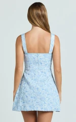 Vivian Mini Dress - Square Neck A Line Dress in Blue