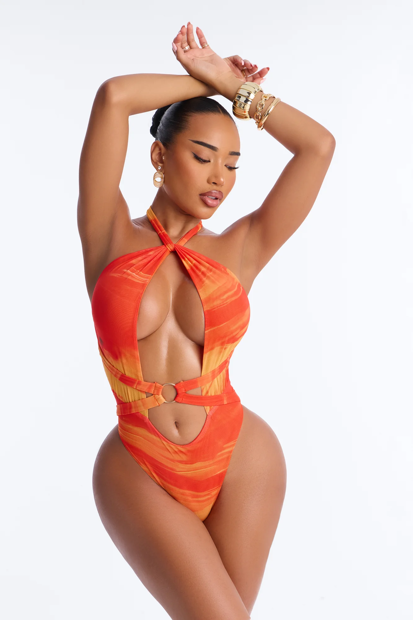 Sunset Swim 1 Piece Swimsuit & Skirt - Orange/combo