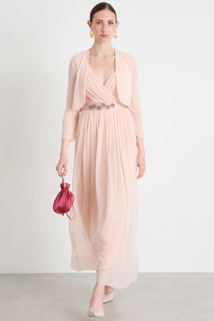 Long tulle dress with belt - LIGHT PINK