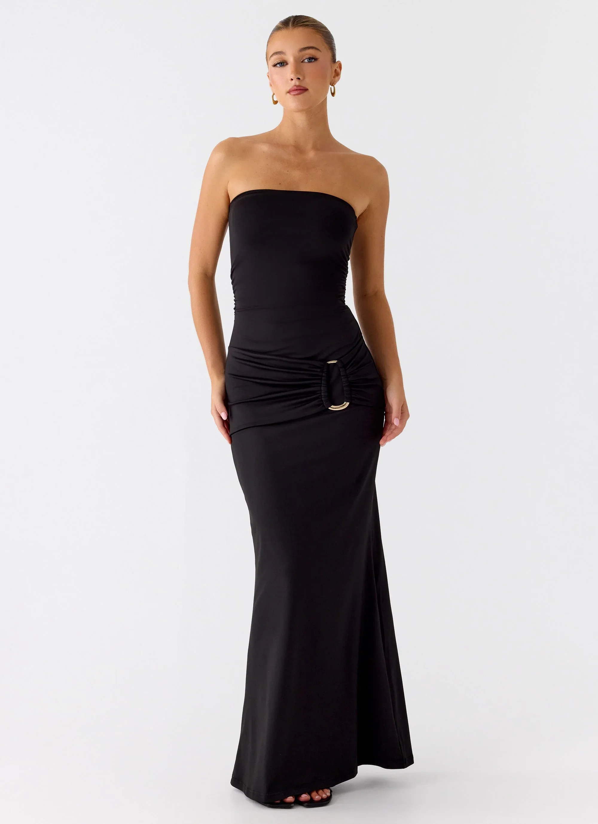 Metal Heart Strapless Maxi Dress - Black