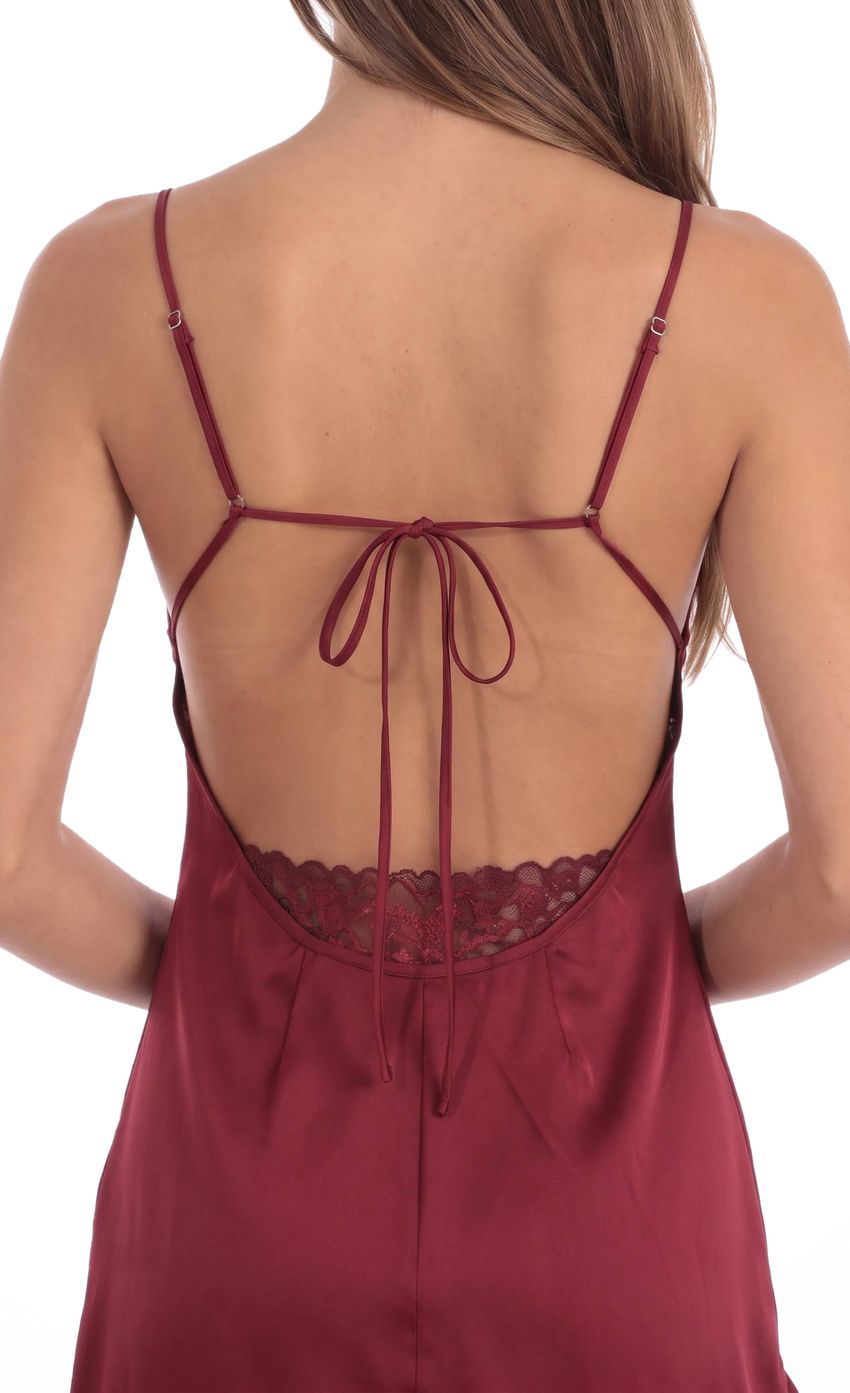 Lace Trim Mini Satin Dress in Burgundy