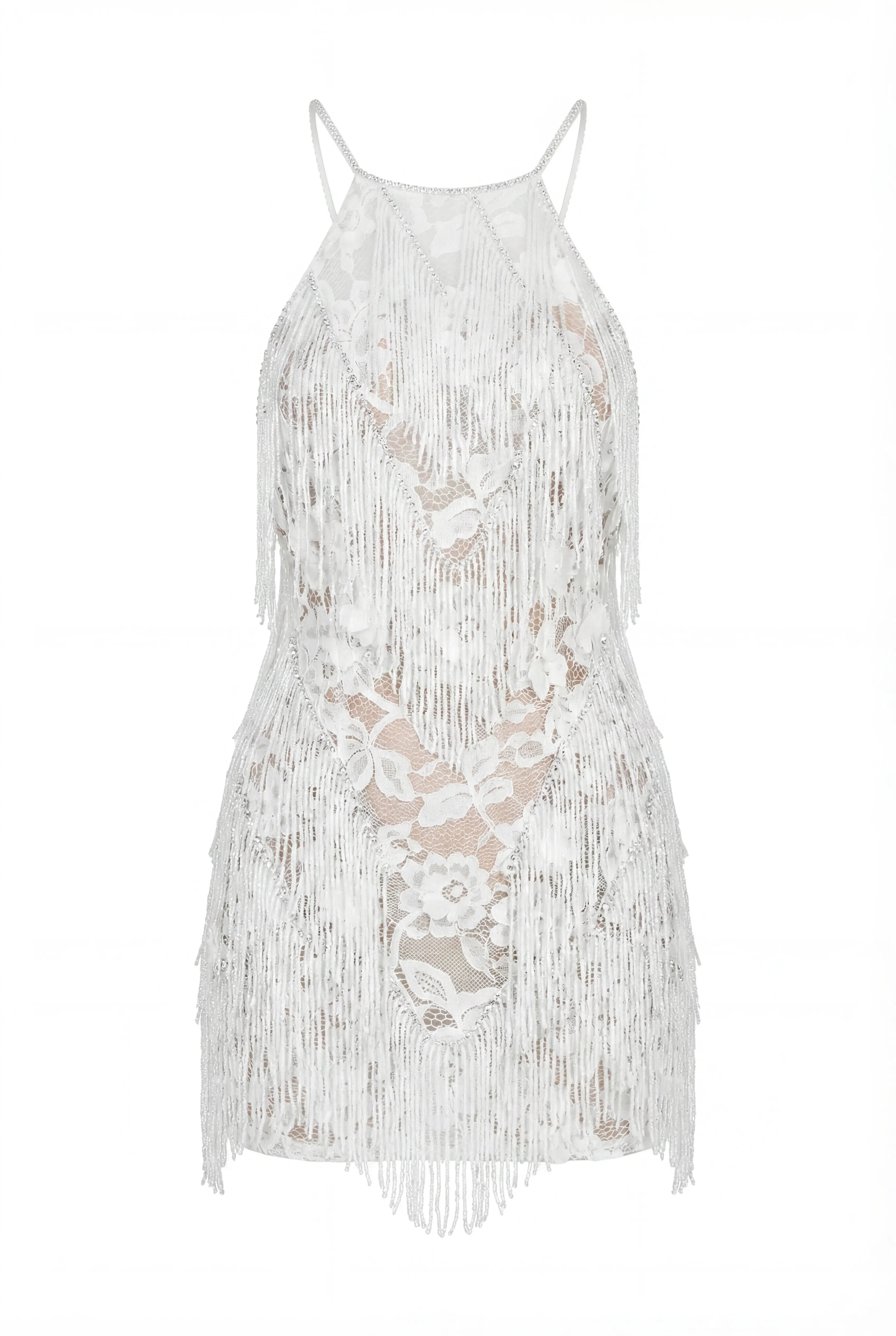 Ivory Lace Mini Dress with Beaded Fringe