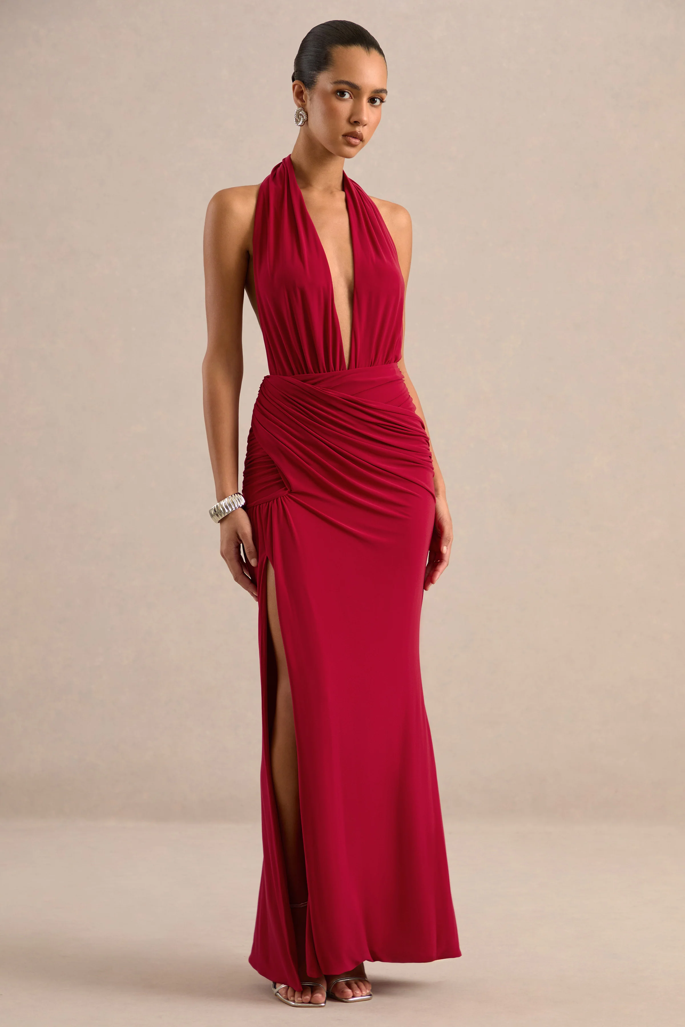 Tilly | Red Jersey Ruched Plunge Wrap Maxi Dress With Open Back And Split