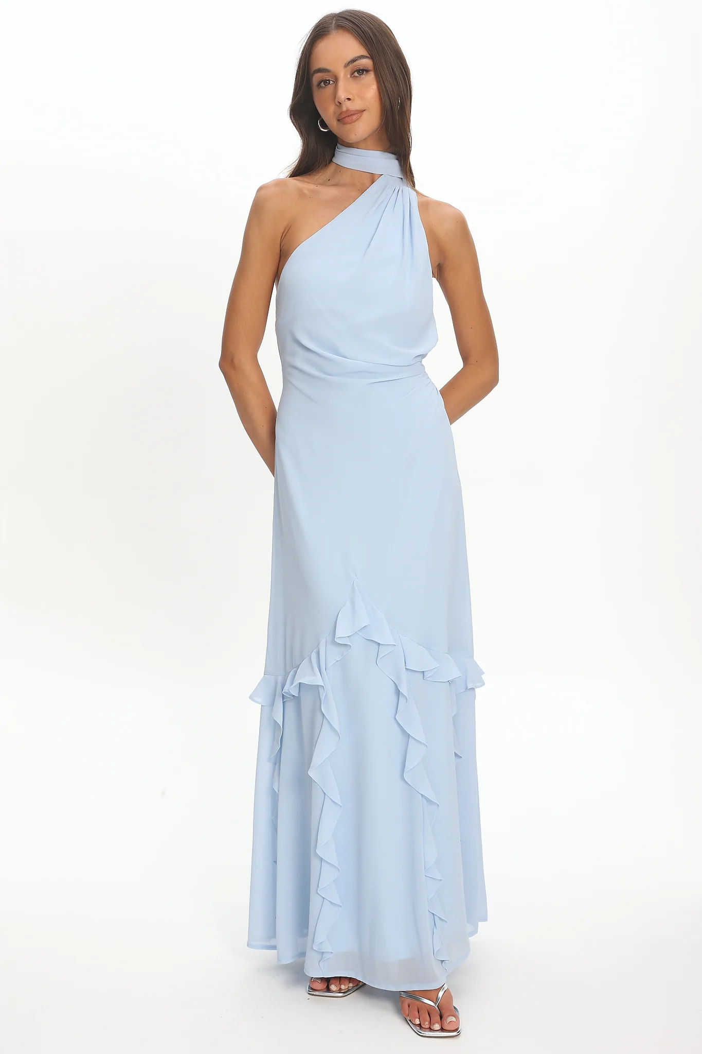 Lorielle One-Shoulder Ruffle Trim Maxi Dress Blue