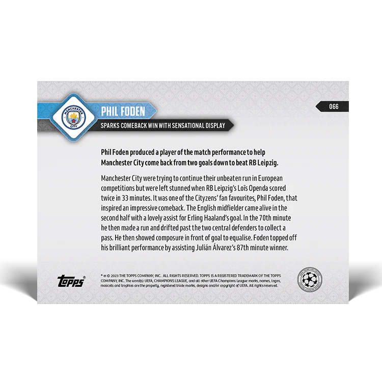 Topps UK - Phil Foden - Sparks comeback win with sensational display - UCL TOPPS NOW® Card #66