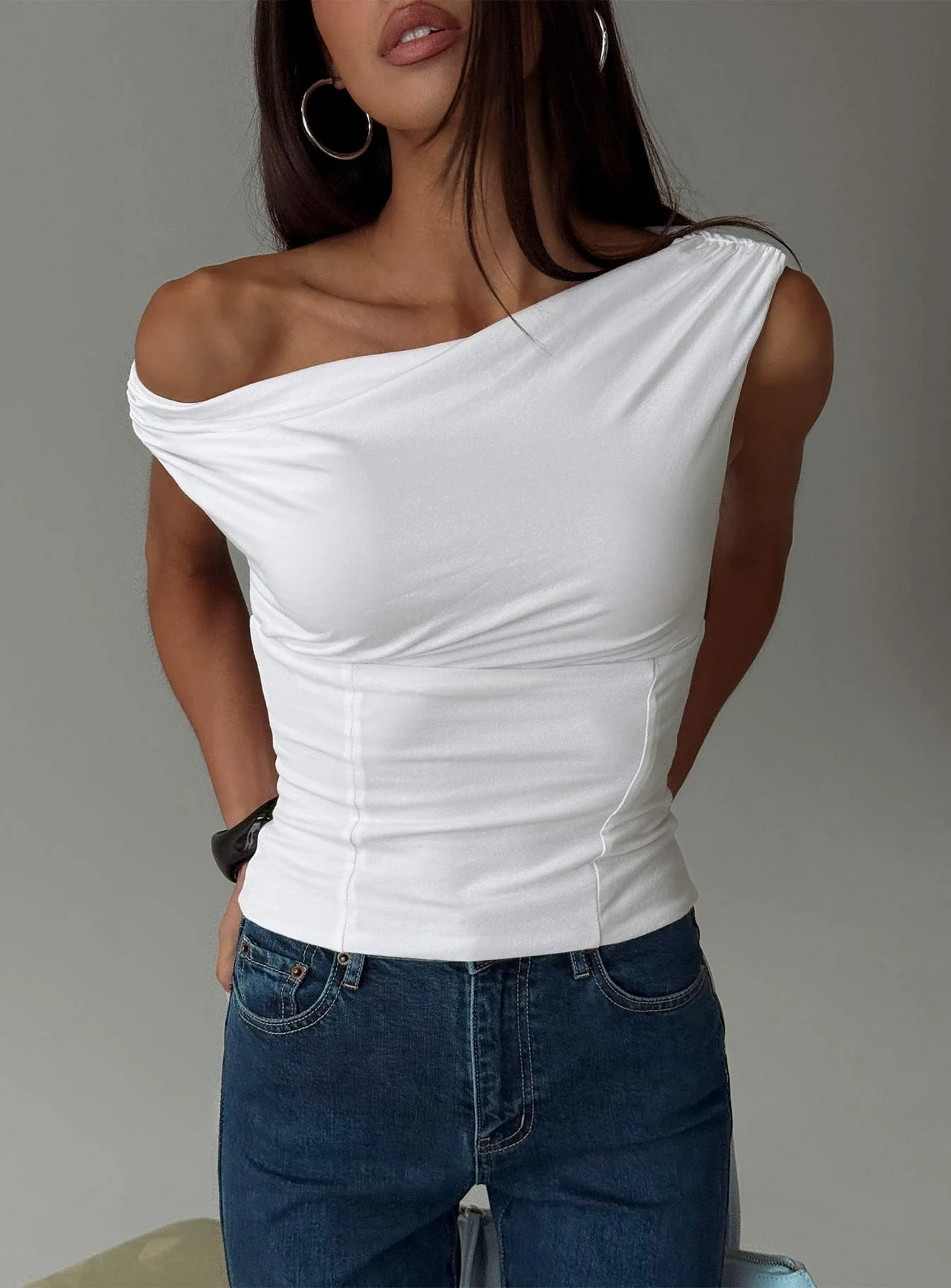 Aidyn Gathered One Shoulder Top White