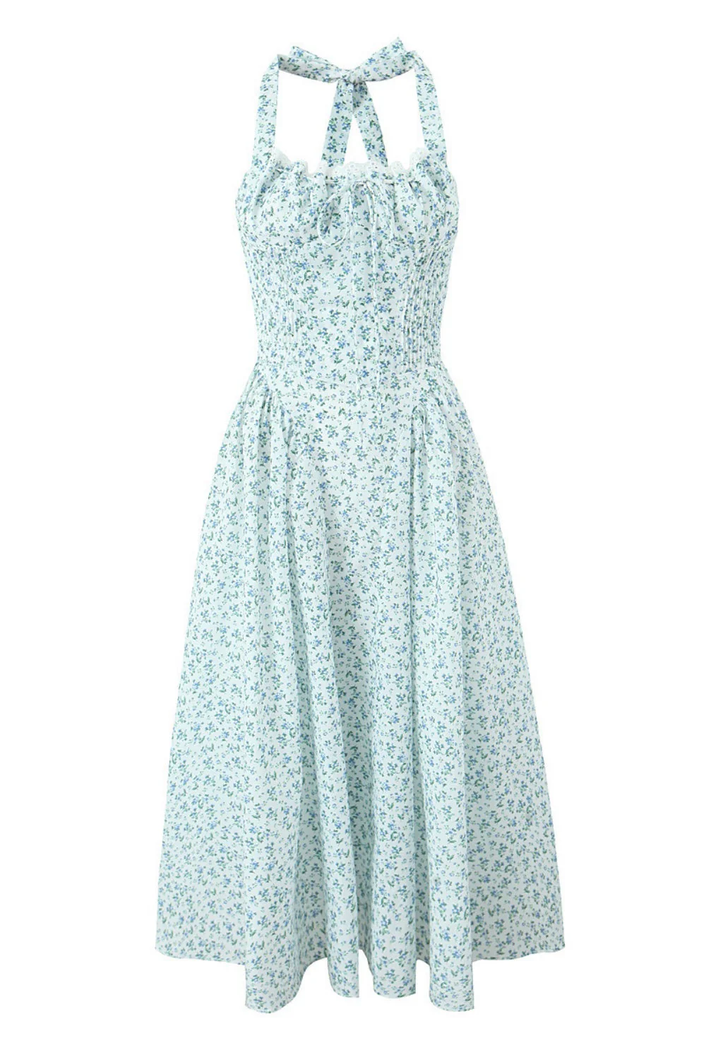 Blue Floral Halter Ruched Bow Long Dress
