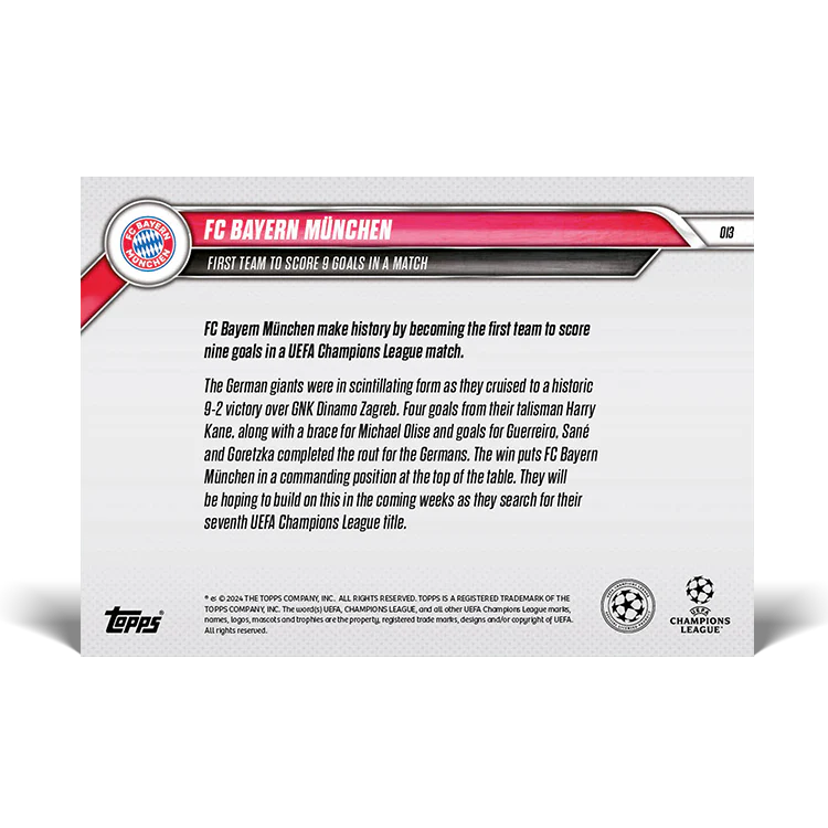 FC Bayern München - UEFA Champions League Record: First team to score 9 goals in a match - 24/25 UCC TOPPS NOW® Card 13