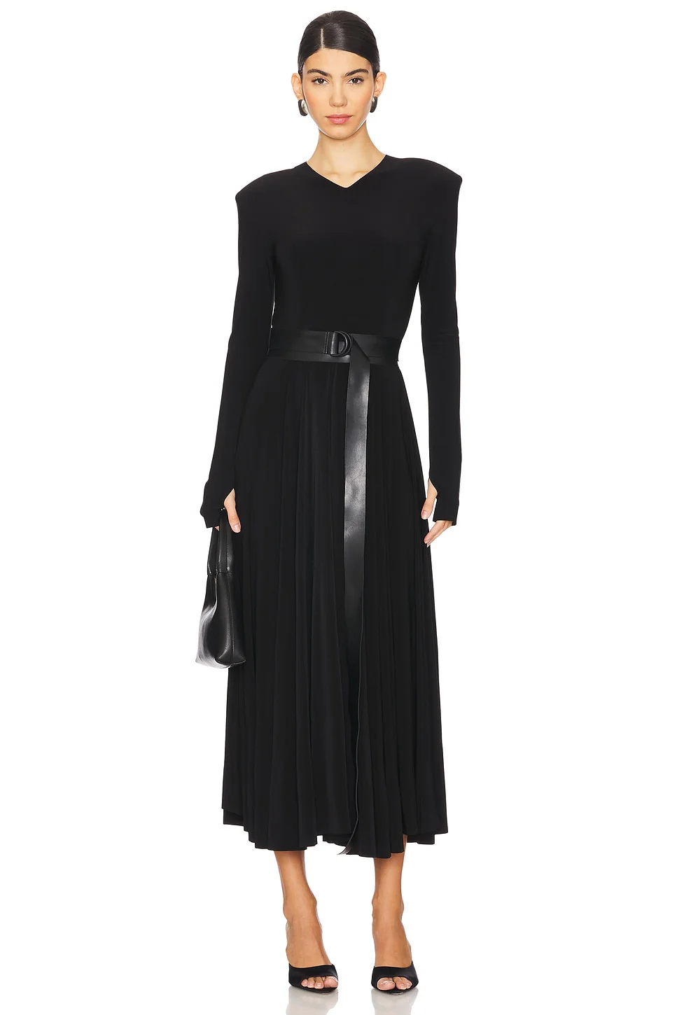 Long Sleeve Shoulder Pad V Neck Flared Dress