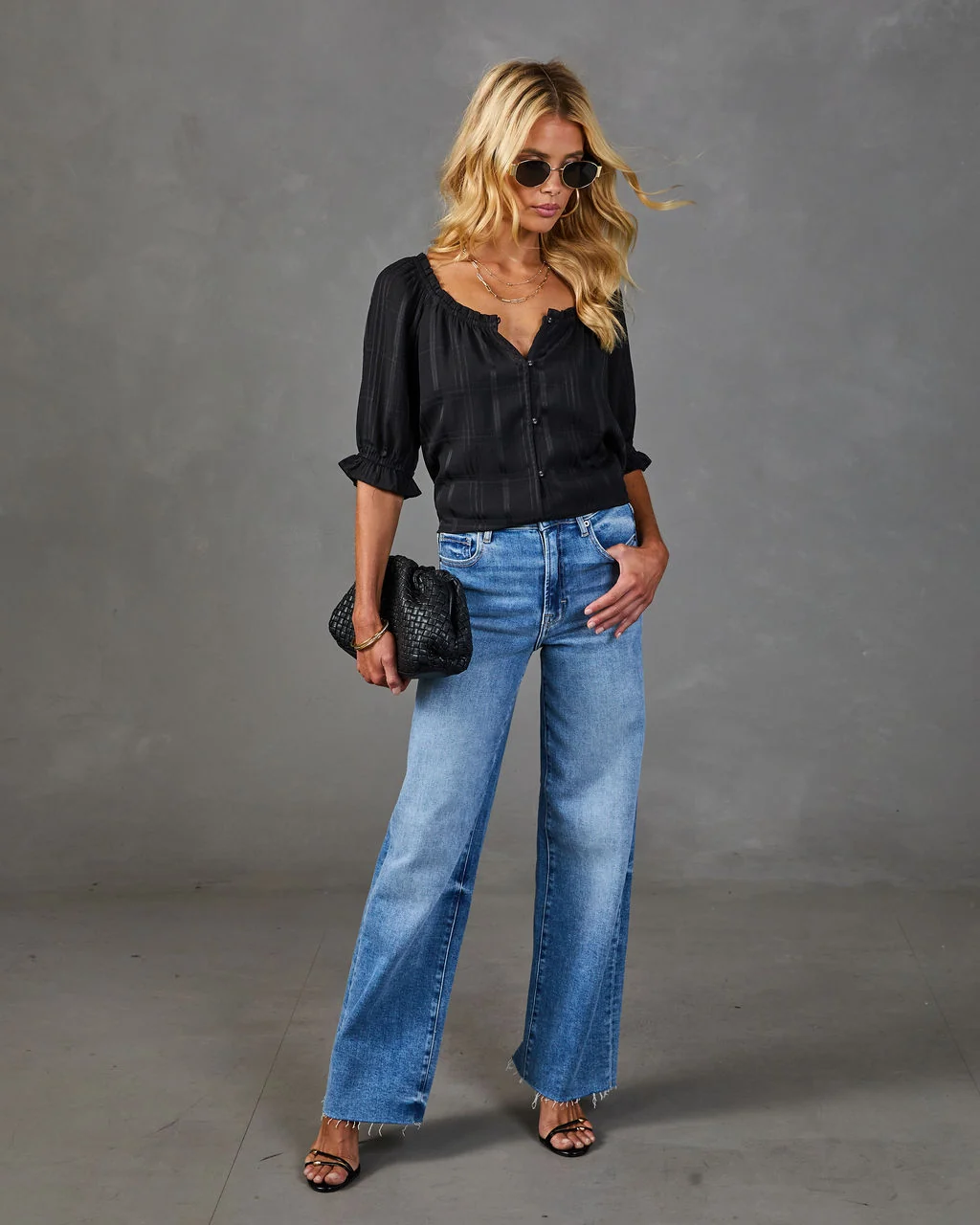 Slow Light Plaid Windowpane Pleated Blouse