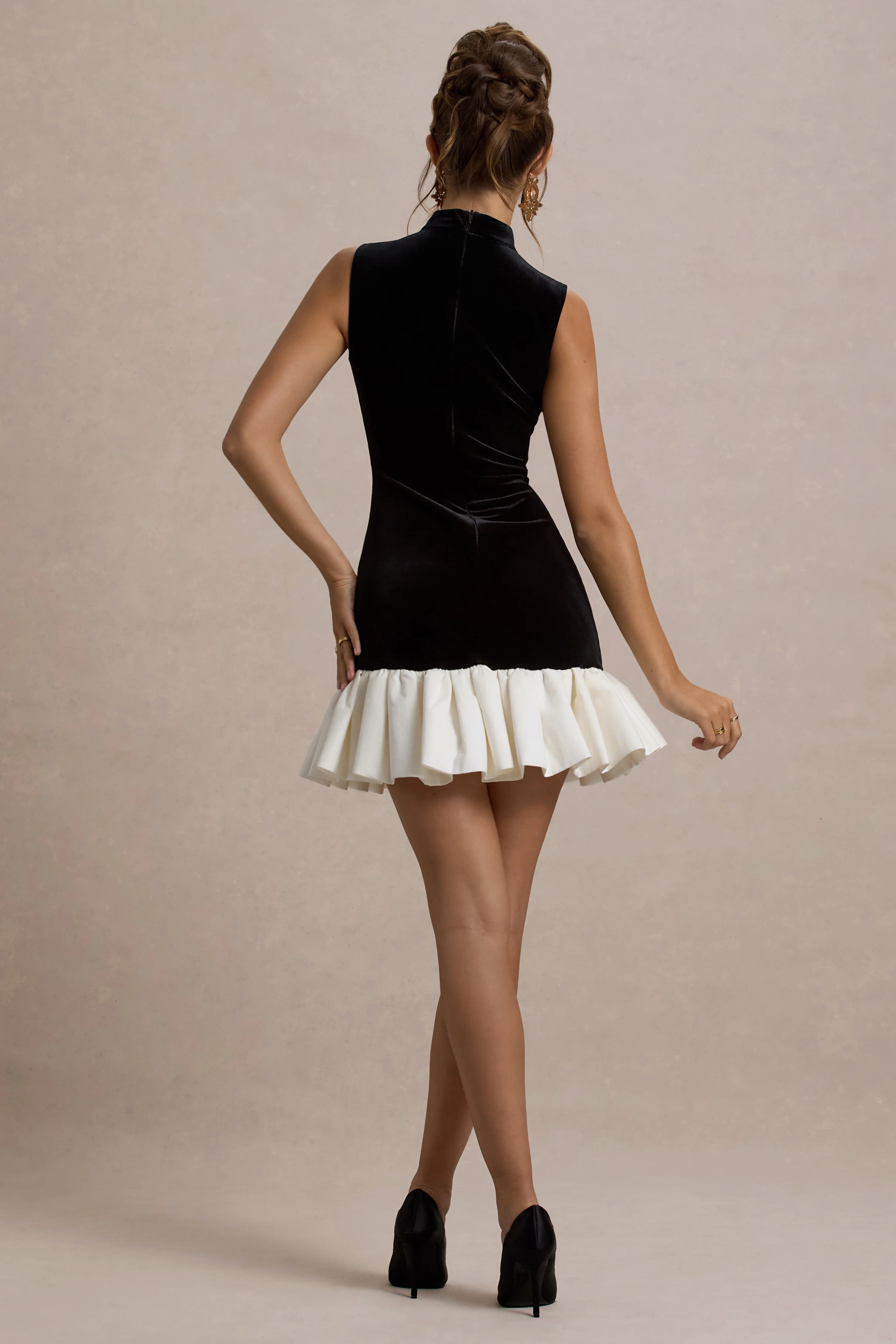Baxter | Black & White Velvet Mini Dress With Satin Ruffle Trim