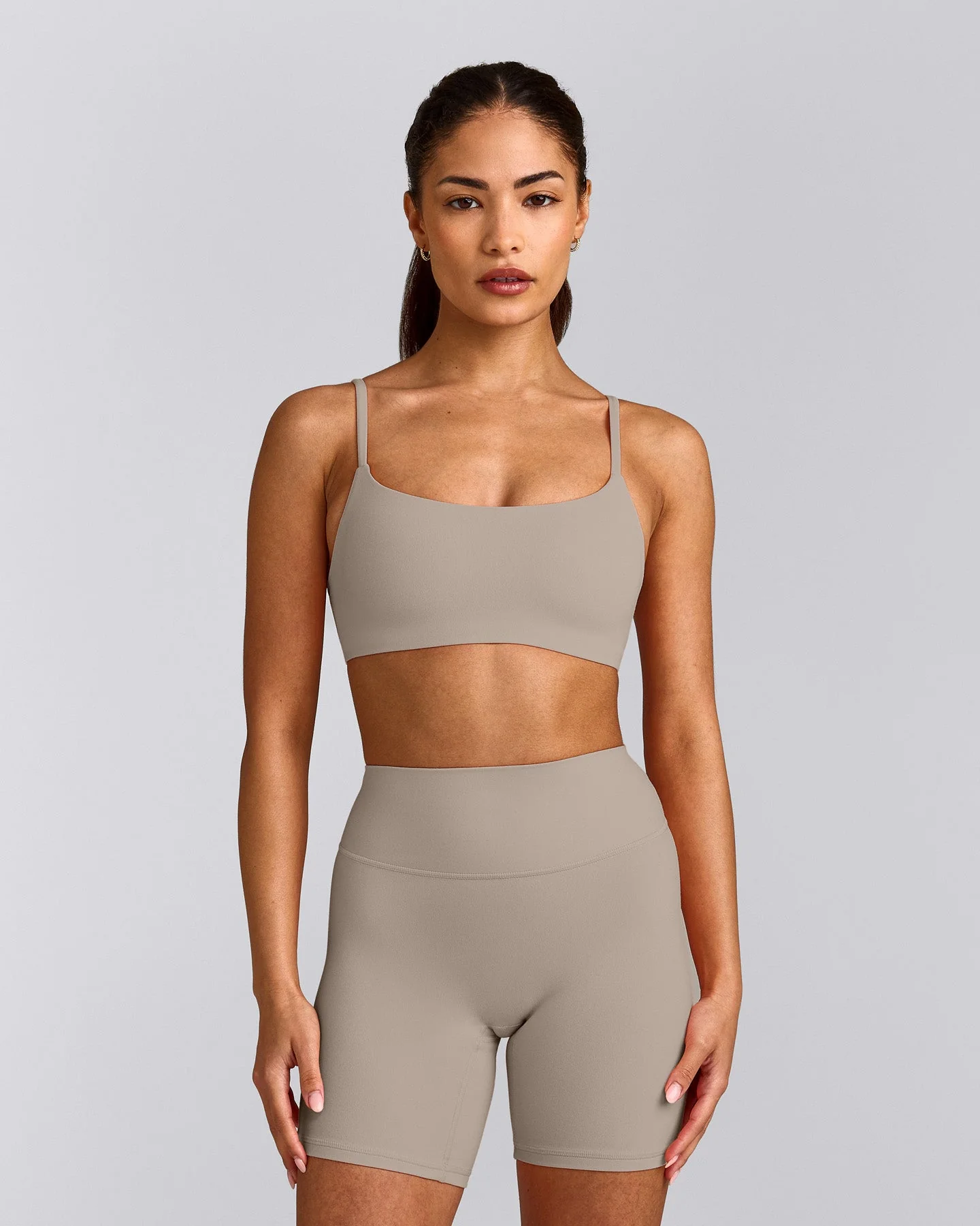 SoftMotion™ Strappy Sports Bra with White Logo | Warm Sand