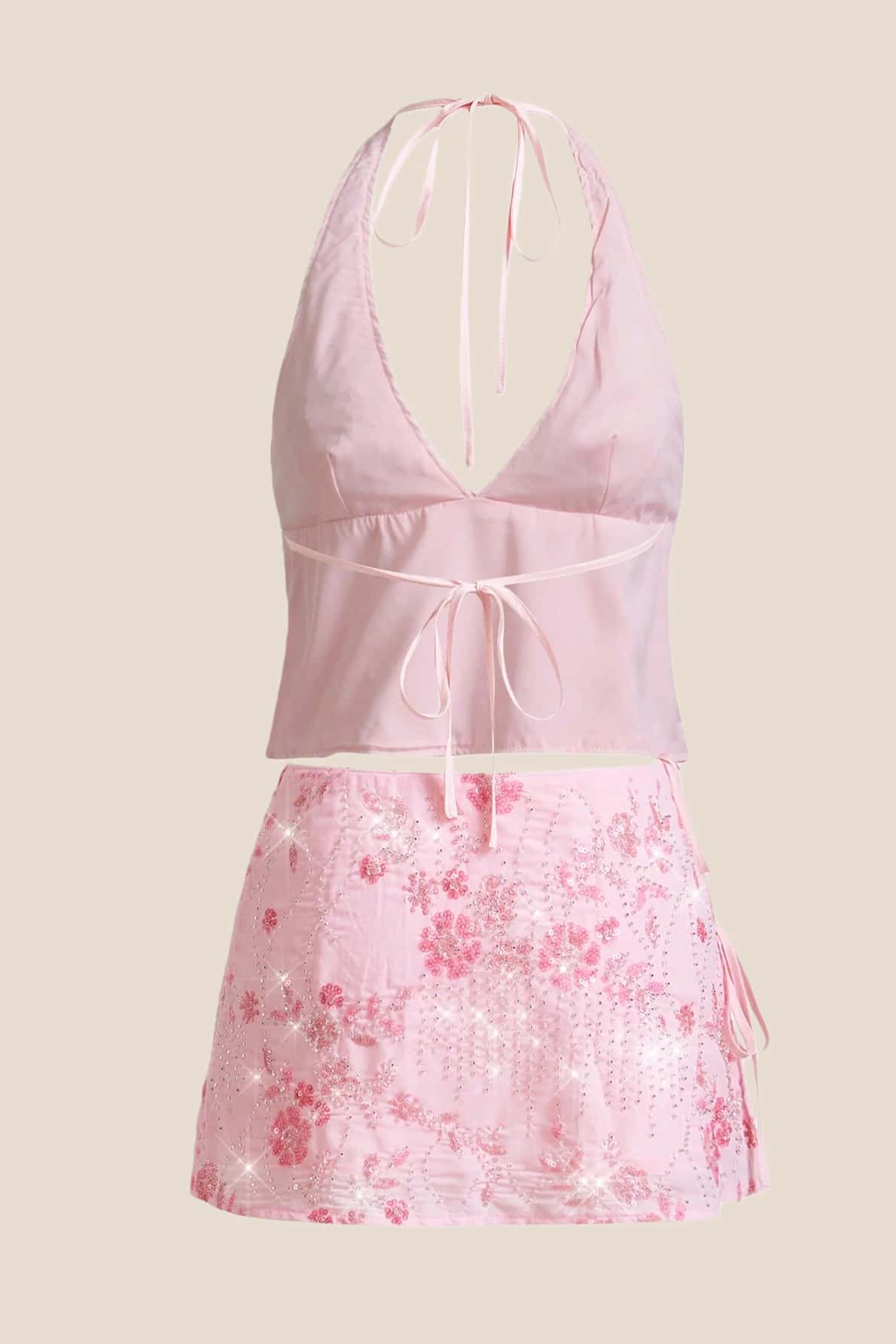 Two Piece Pink Beaded Short Dress