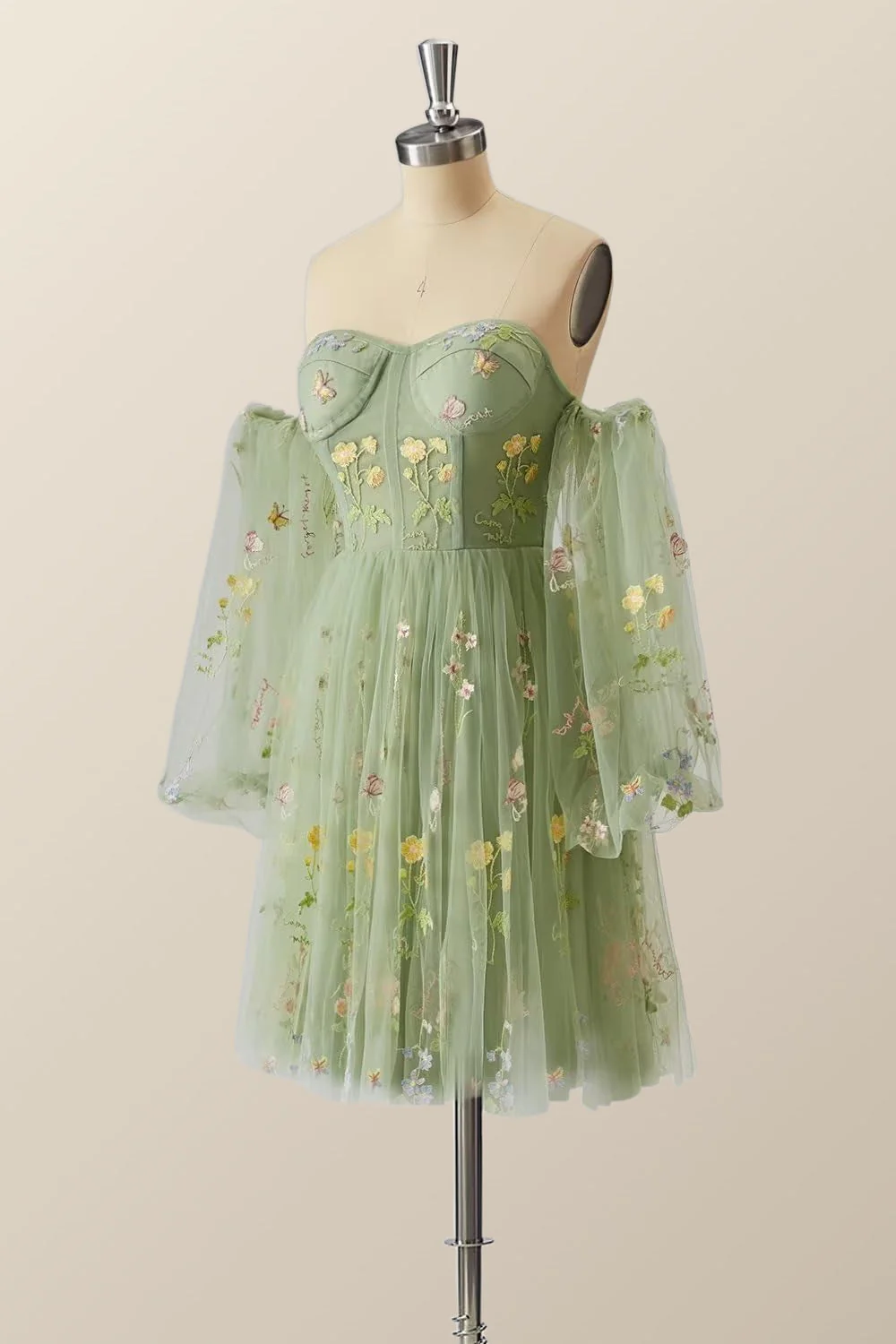 Green Floral Corset A-line Dress with Puff Sleeves