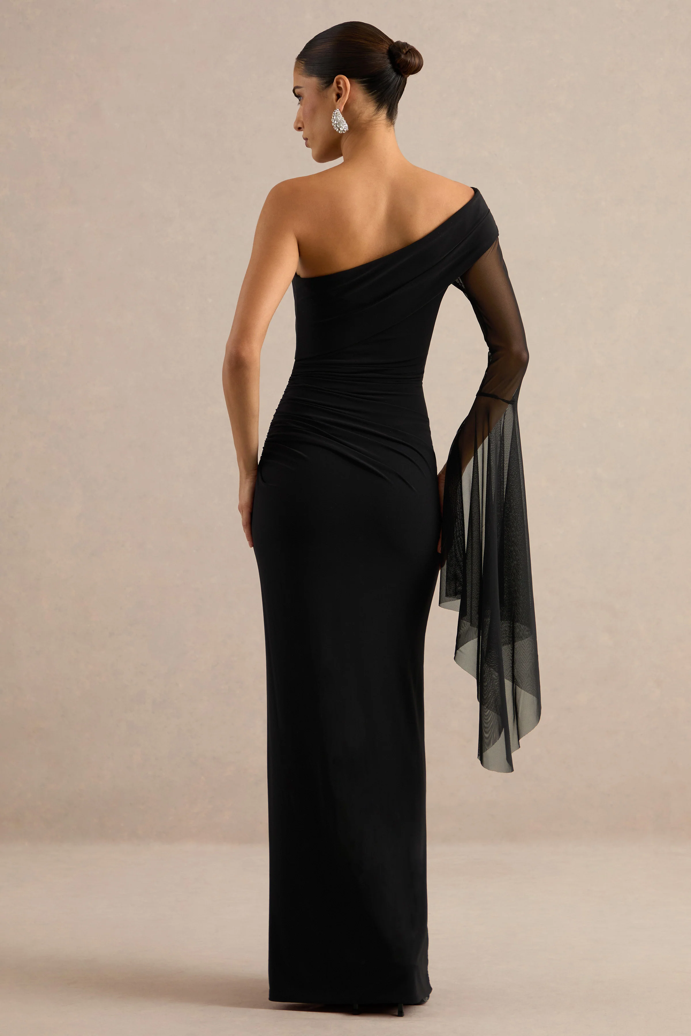 Evony | Black Jersey Off The Shoulder Maxi Dress With Ruching and Sheer Sleeve