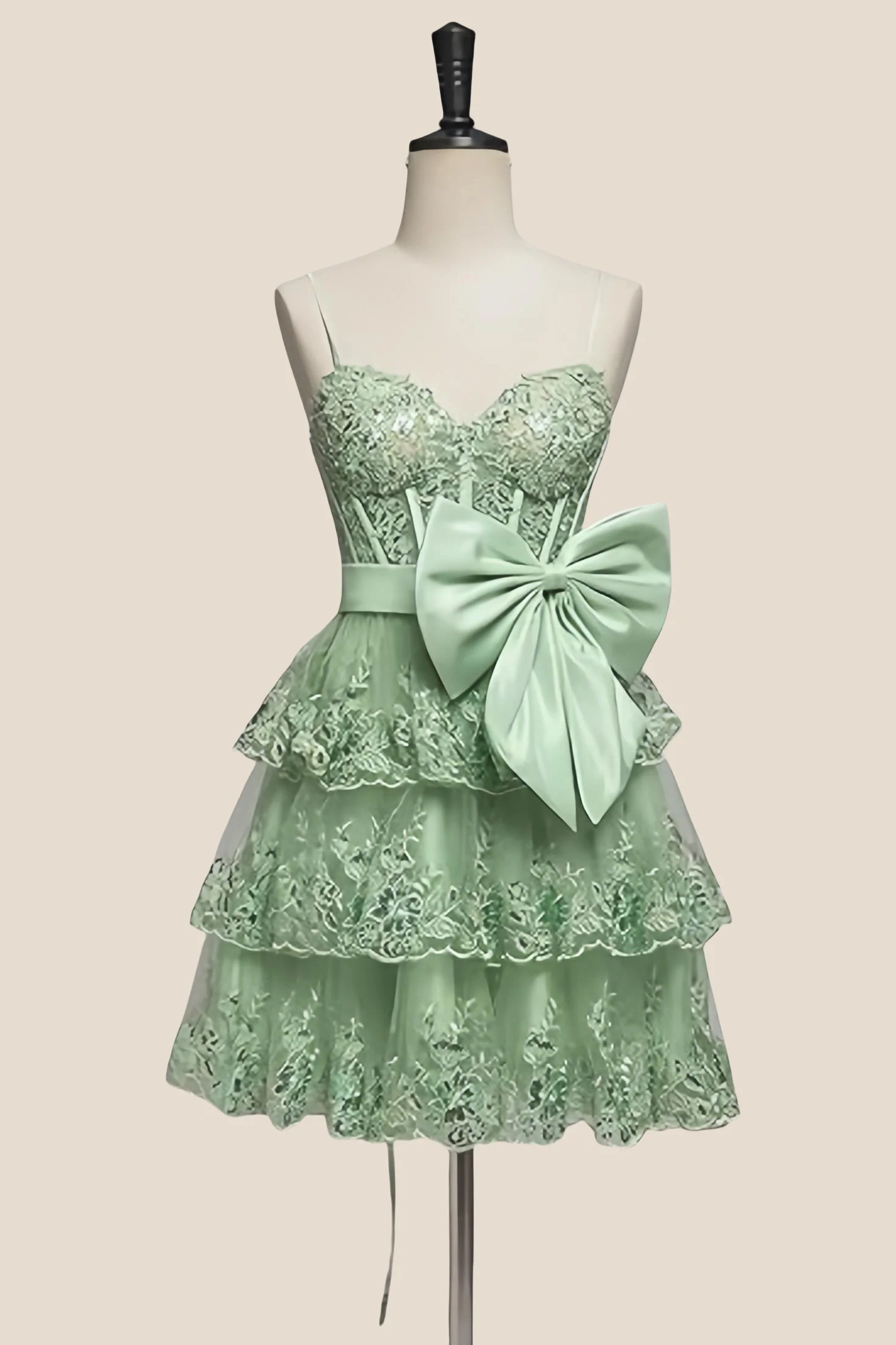 Straps Hot Pink Appliques Tiered Short Dress with Bow