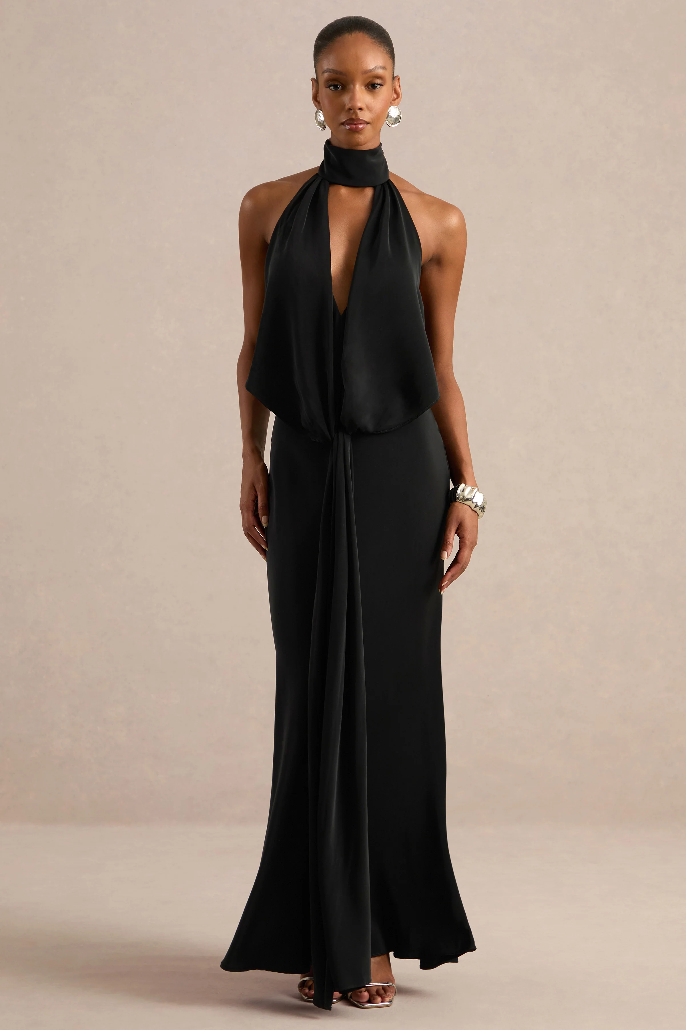 Canella | Black Satin Halter-Neck Maxi Dress With Sash-Detail