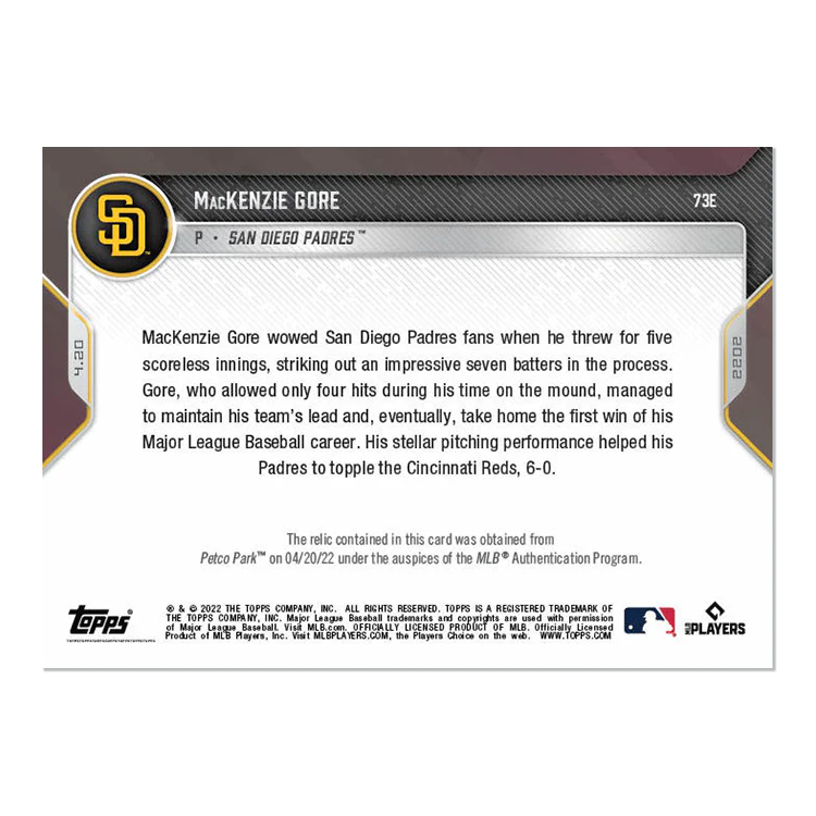 Game-used Ball Relic # to 1 - MacKenzie Gore - 2022 MLB TOPPS NOW® Card 73E