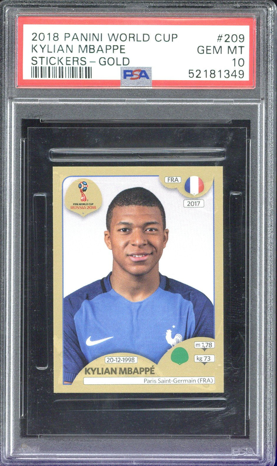 2018 Panini World Cup Kylian Mbappe Stickers - Gold #209 PSA 10