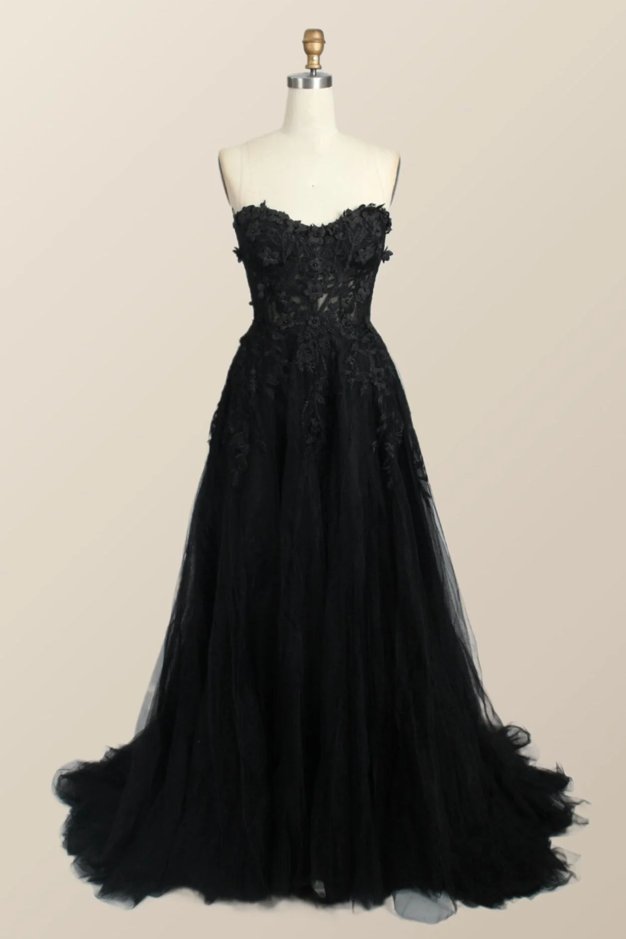 Black Floral Embroidery Strapless A-line Formal Dress