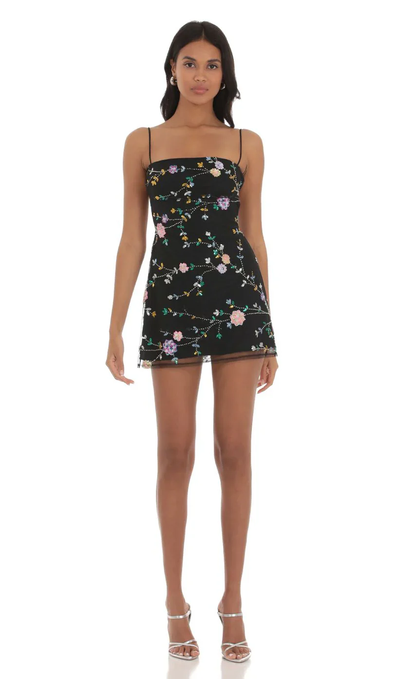 Floral Sequin Dress In Black