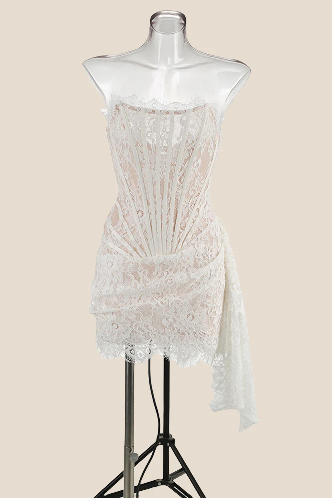 Ivory Tight Lace Short Dress with Train