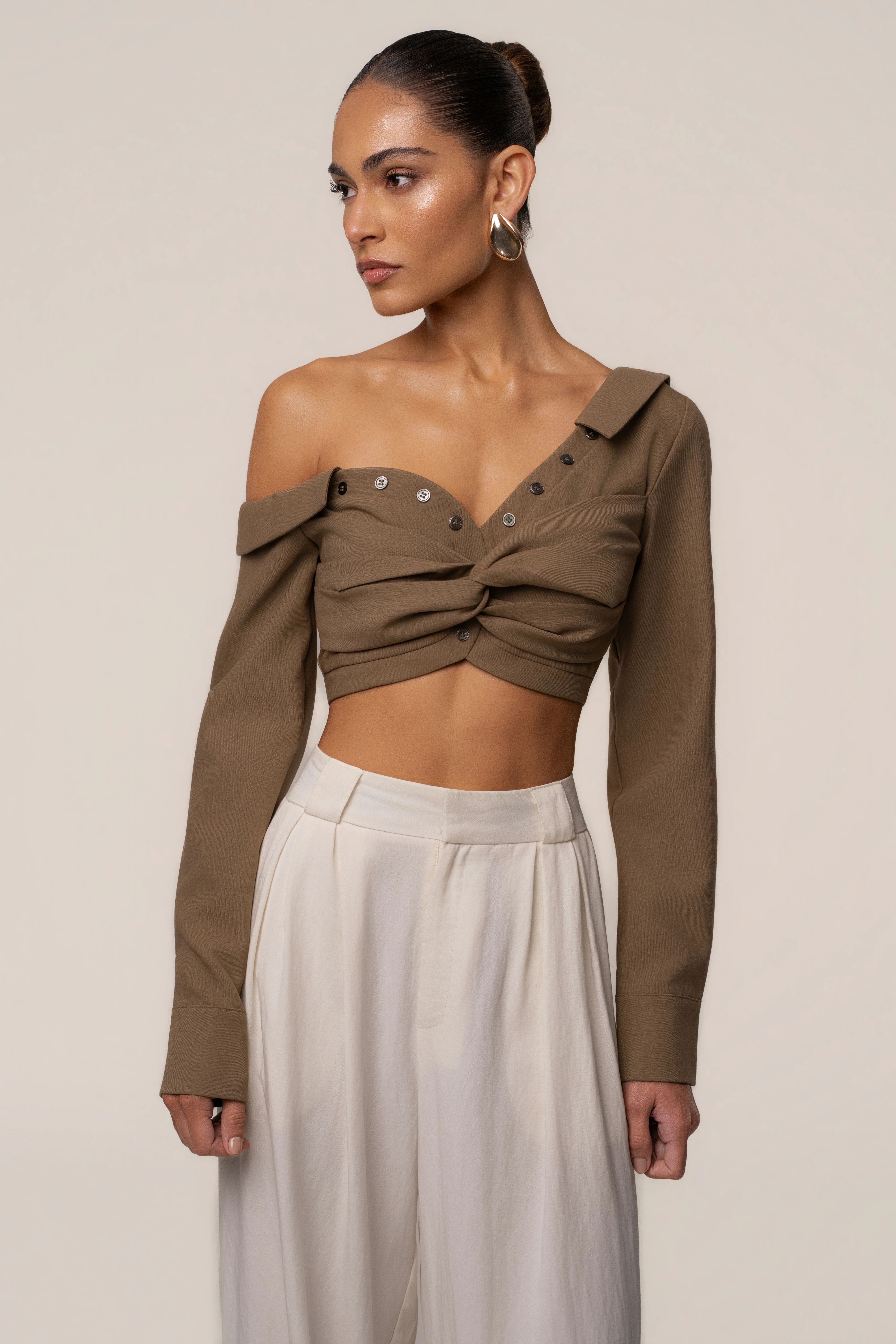 Olive Off-Shoulder Twist Crop Top
