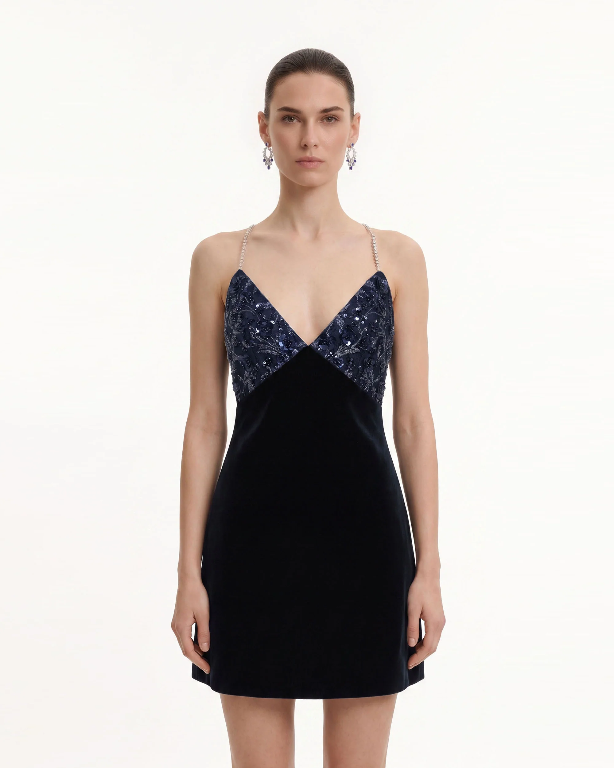Beaded Floral Strappy Open-Back Mini Dress - Black & Navy