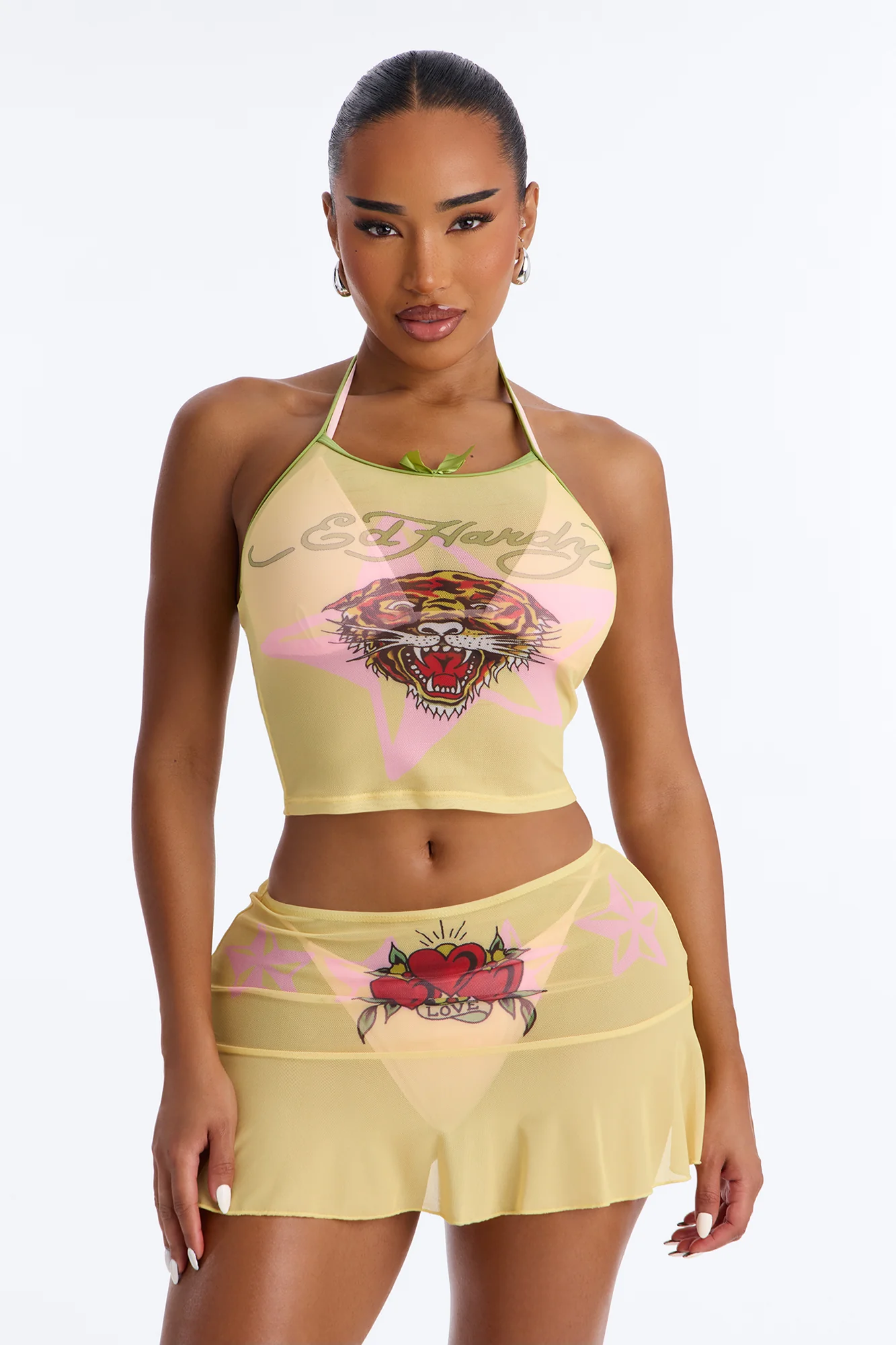 Ed Hardy Tiger Stars Cover Up Tank & Skirt Set - Yellow/combo