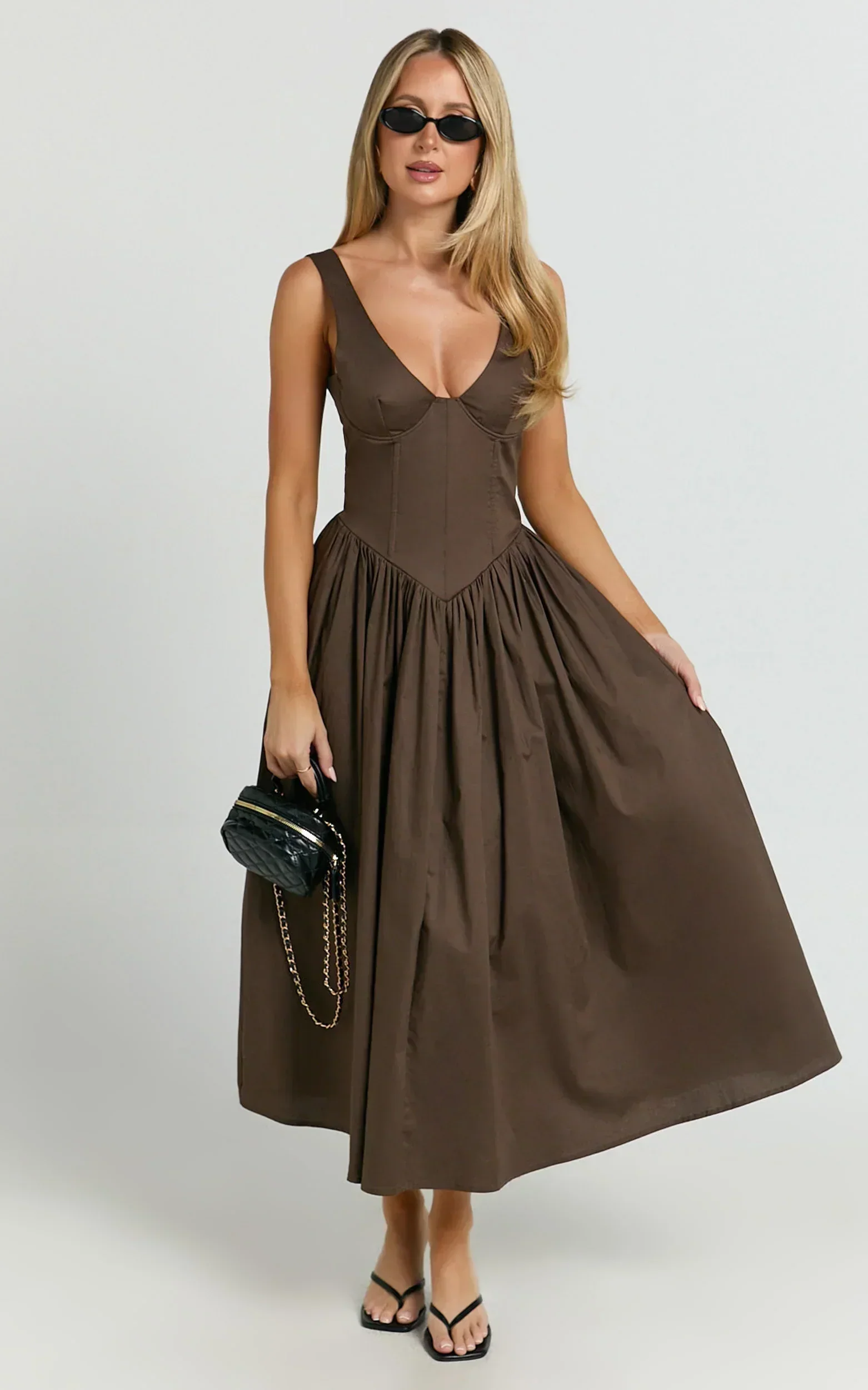 Beckett Midi Dress Scoop Neck Drop V Waist Gathered Skirt Dress in Dark Chocolate