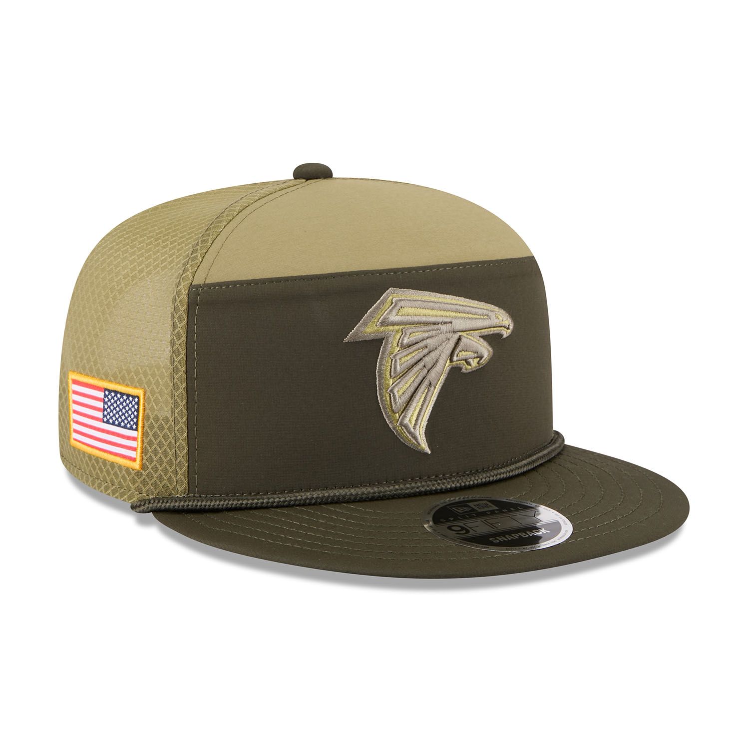 Atlanta Falcons 2025 NFL Salute to Service 9FIFTY Split Panel Trucker Snapback Cap Olive