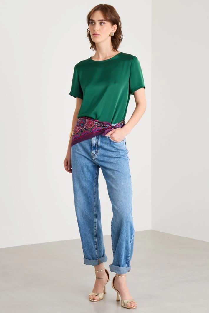 Bi-material top in satin and jersey - GREEN