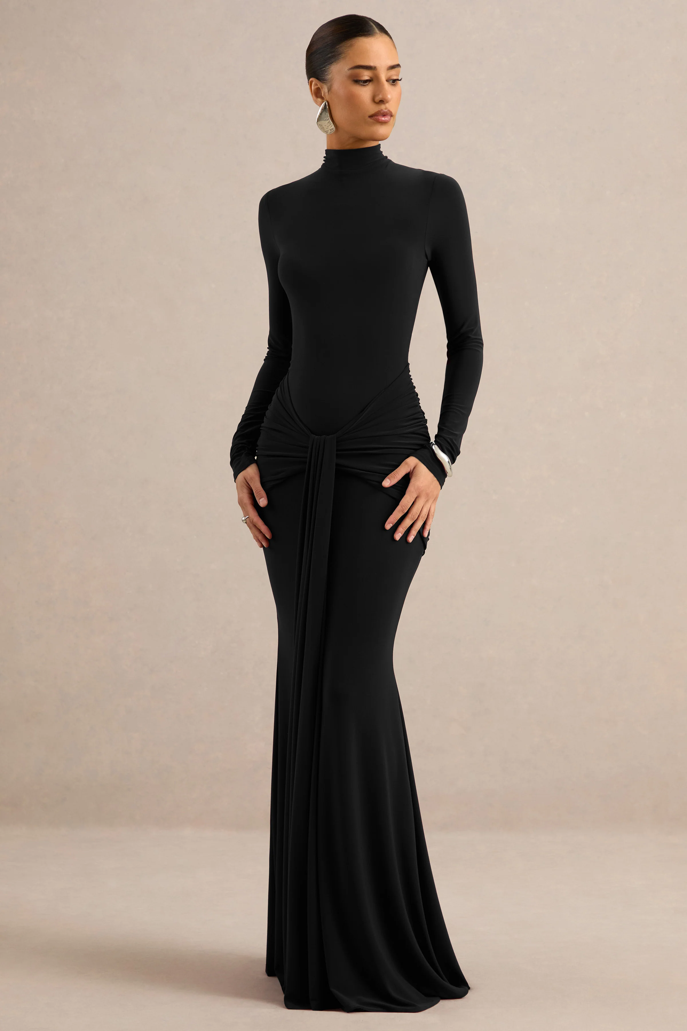 Seraphita | Black Jersey High Neck Long Sleeve Maxi Dress With Gathered Detailing And Sash