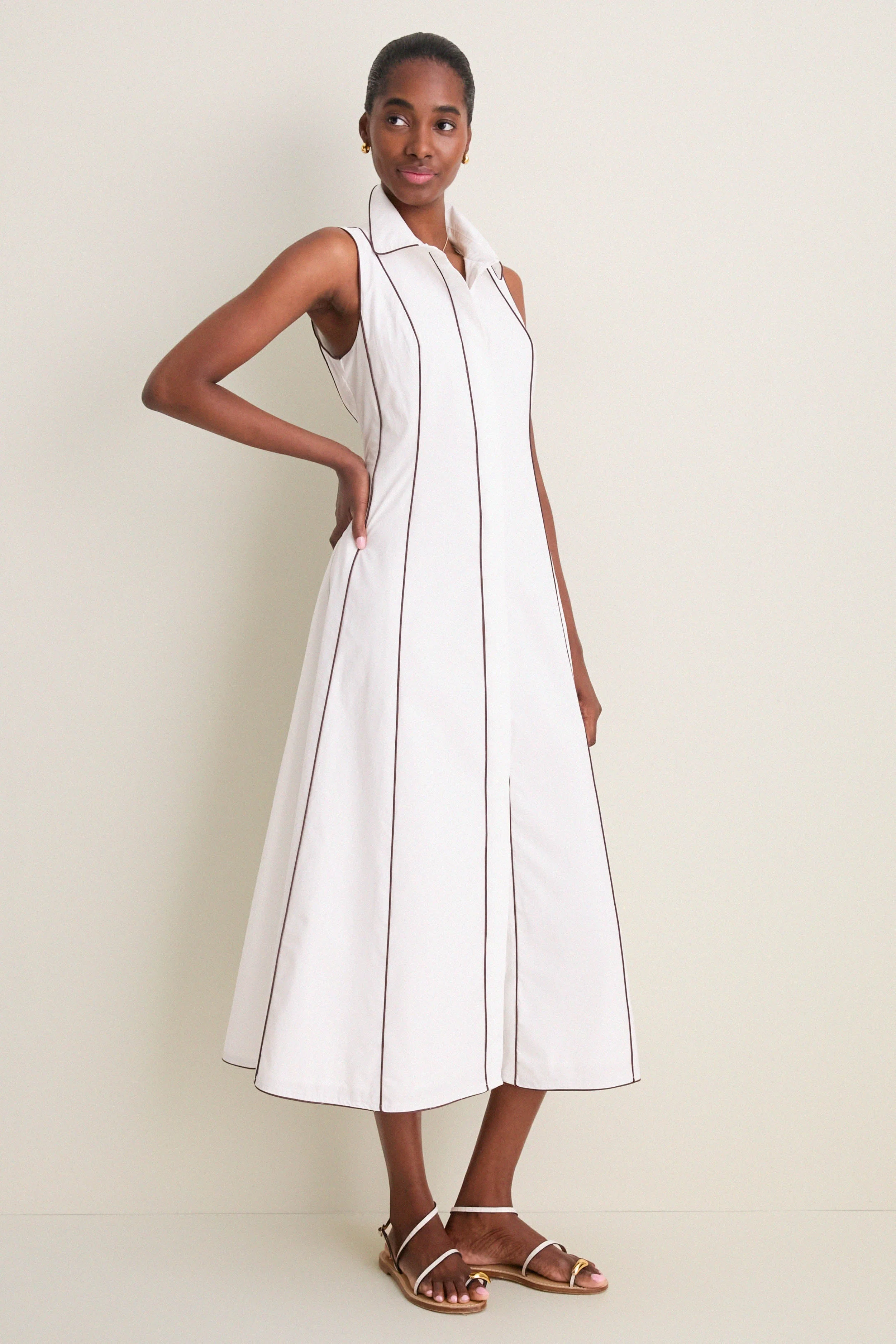 White With Chestnut Piping Fontaine Dress