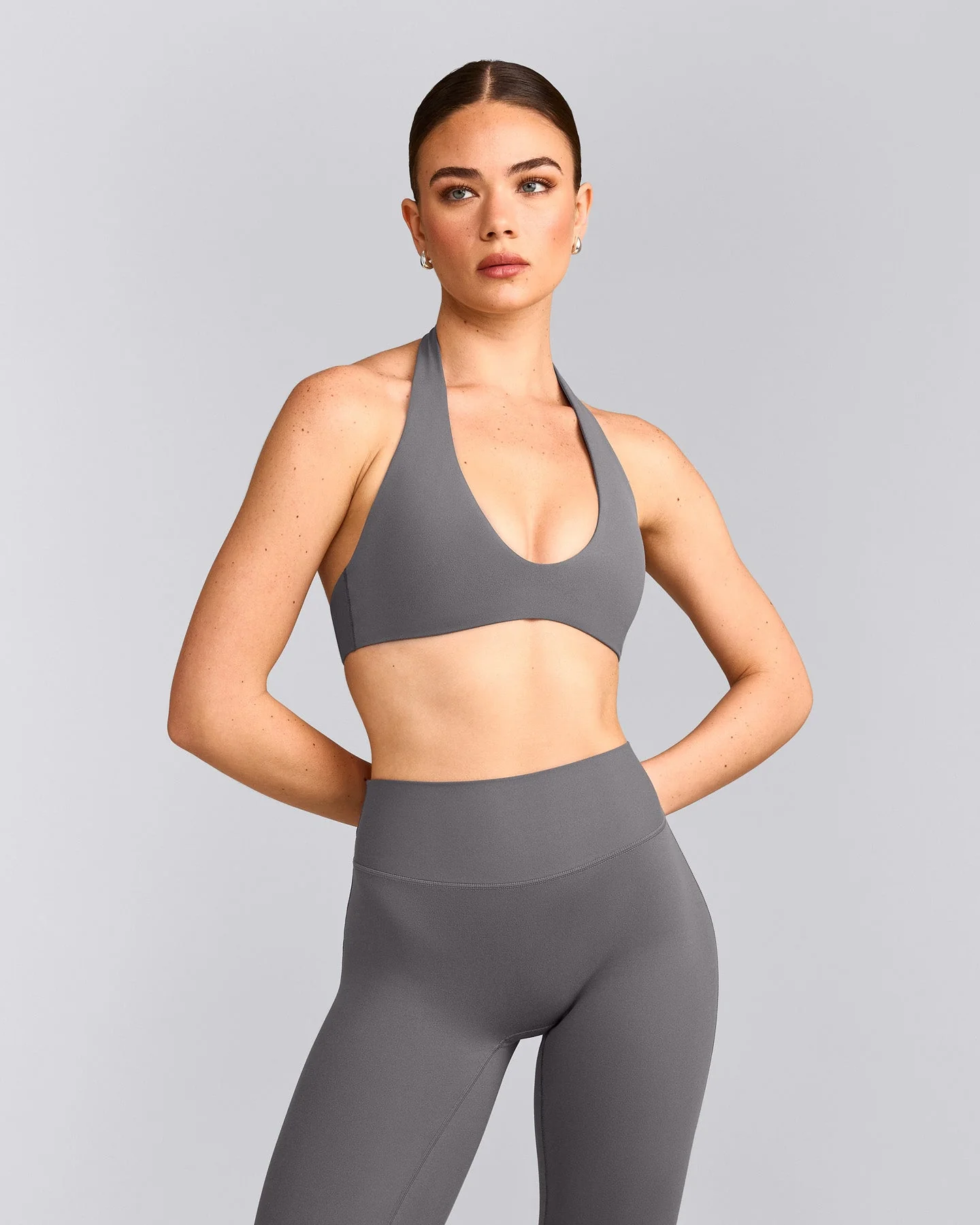 SoftMotion™ Minimal Halter Neck Bralette with Grey Logo | Ash Grey