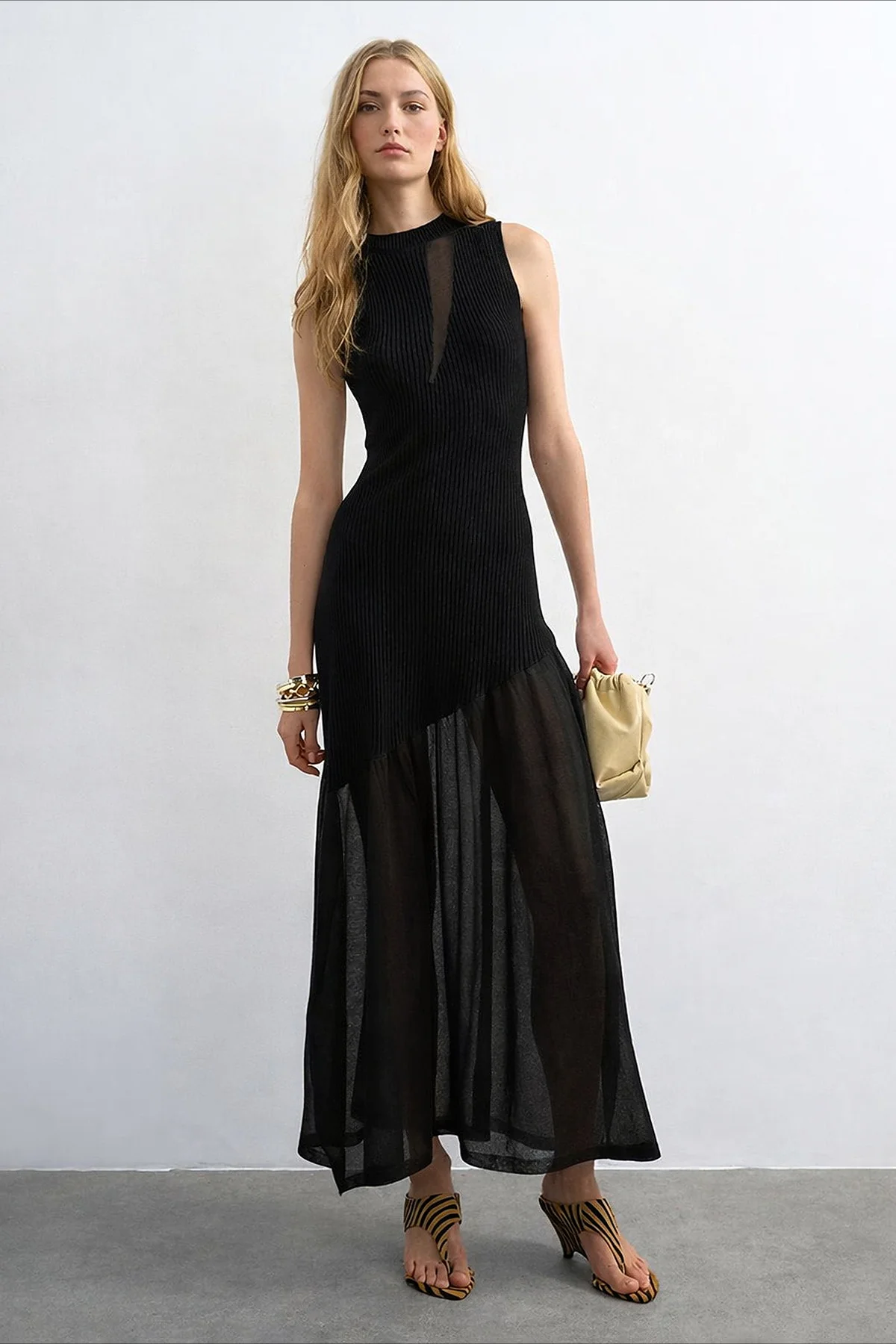 Ribbed Knit Mesh Splice Maxi Dress