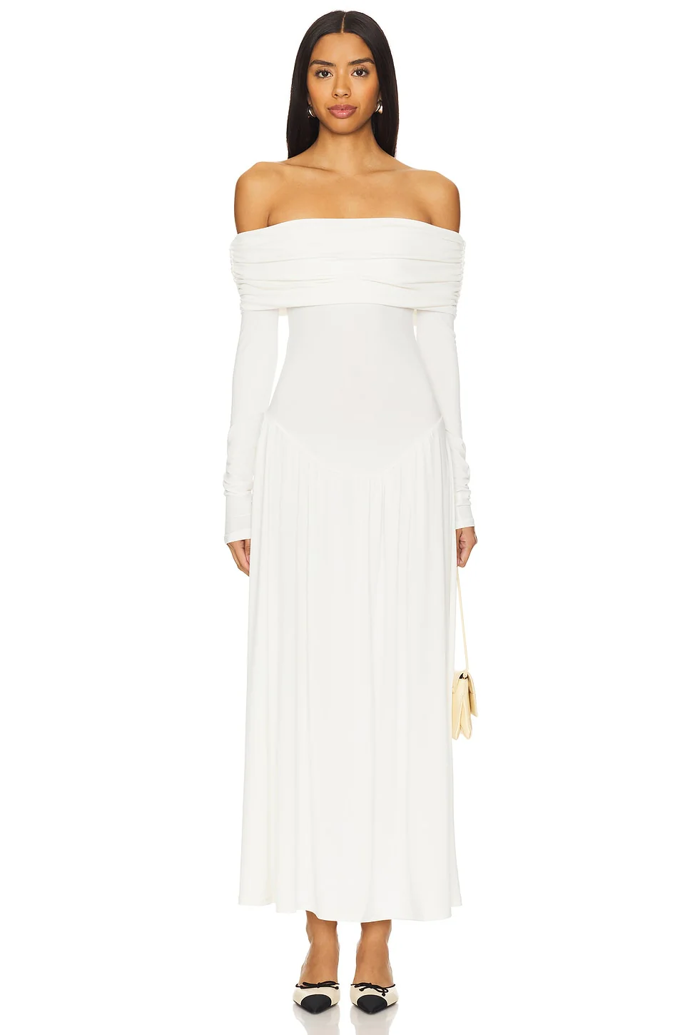 Off Shoulder Ruched Midi Dress