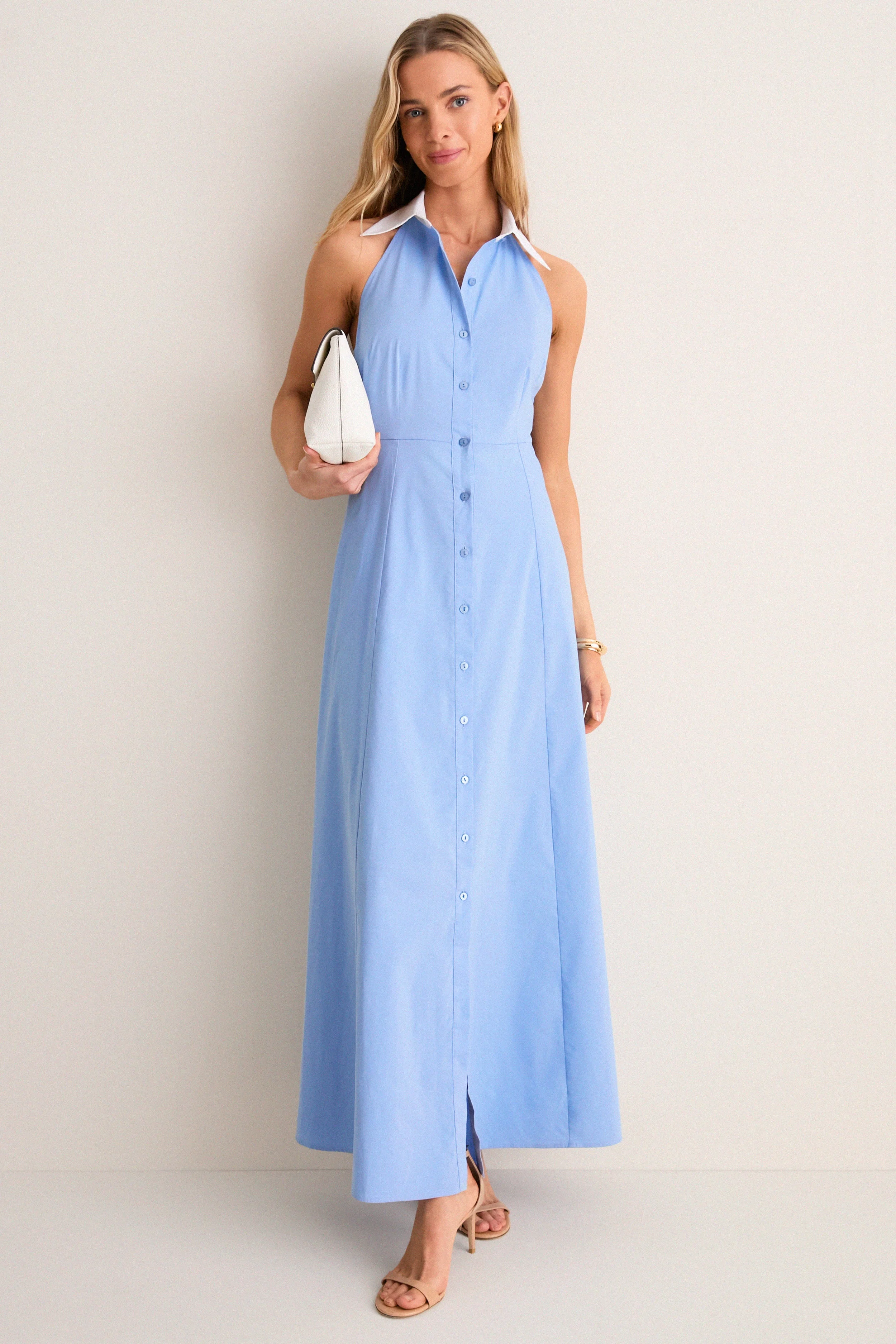 Vista Blue and White Maurie Halter Maxi Dress