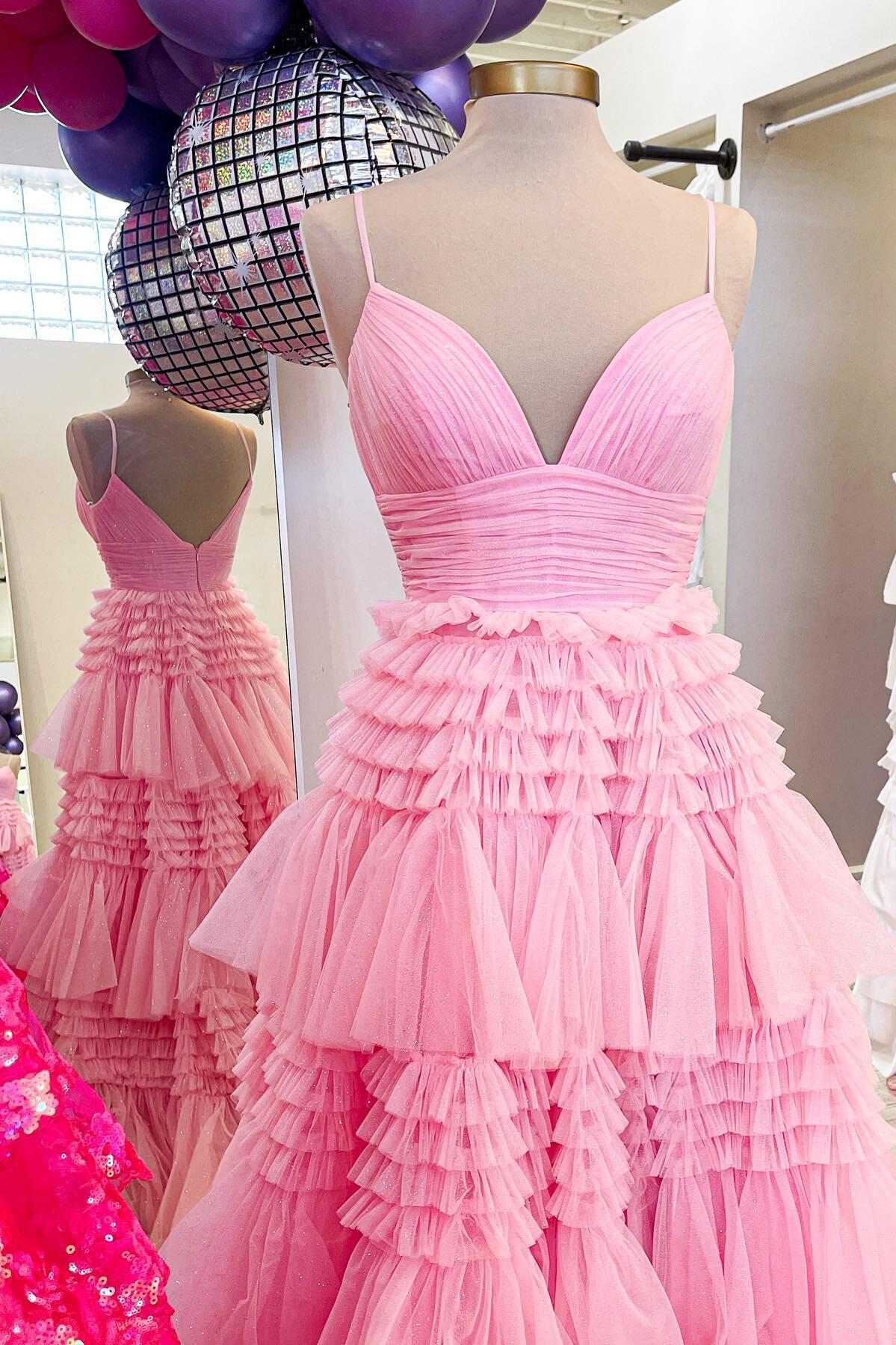 Pink Tiered Ruffle Long Ball Gown with Straps