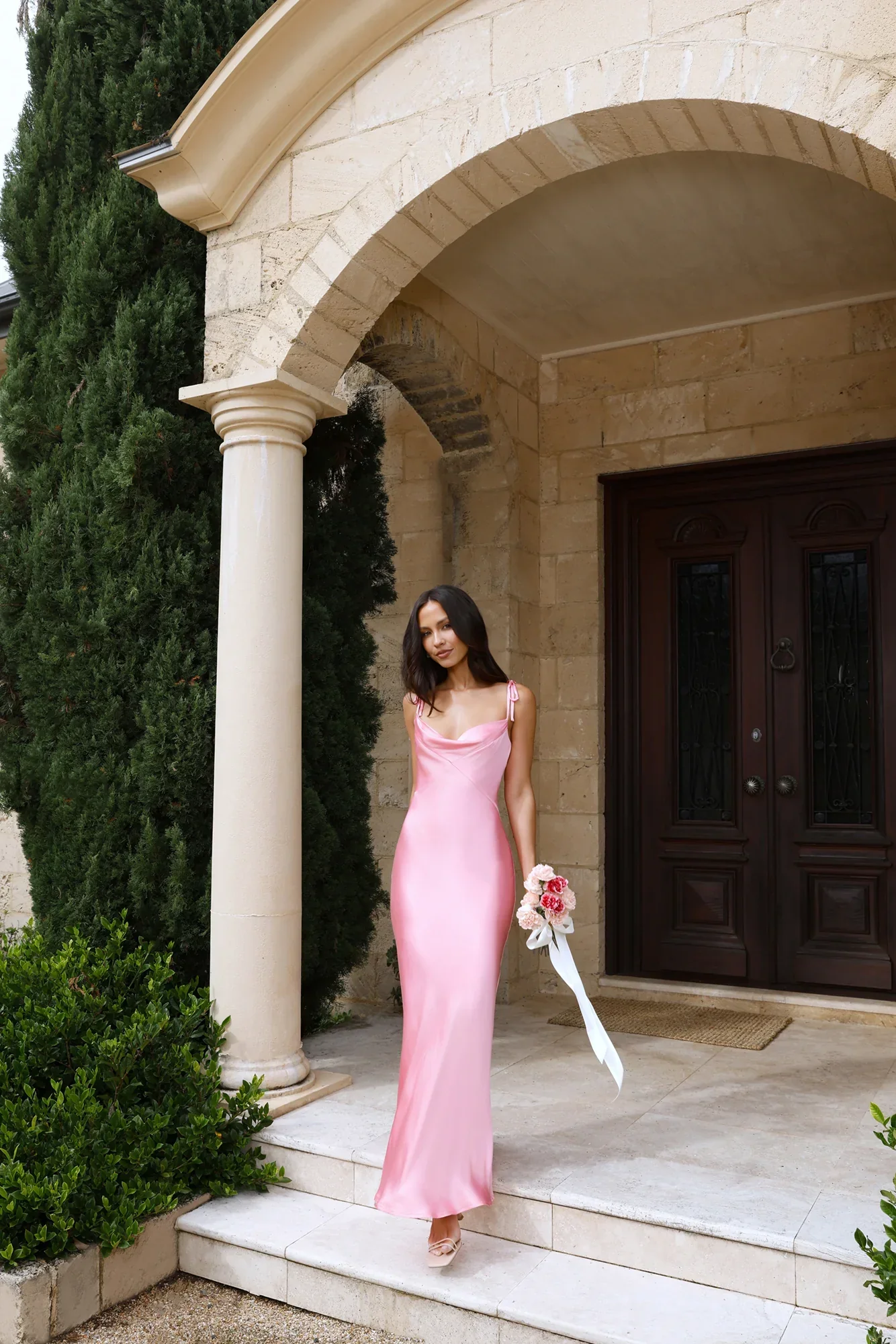 The Penelope Cowl Satin Maxi Dress Candy