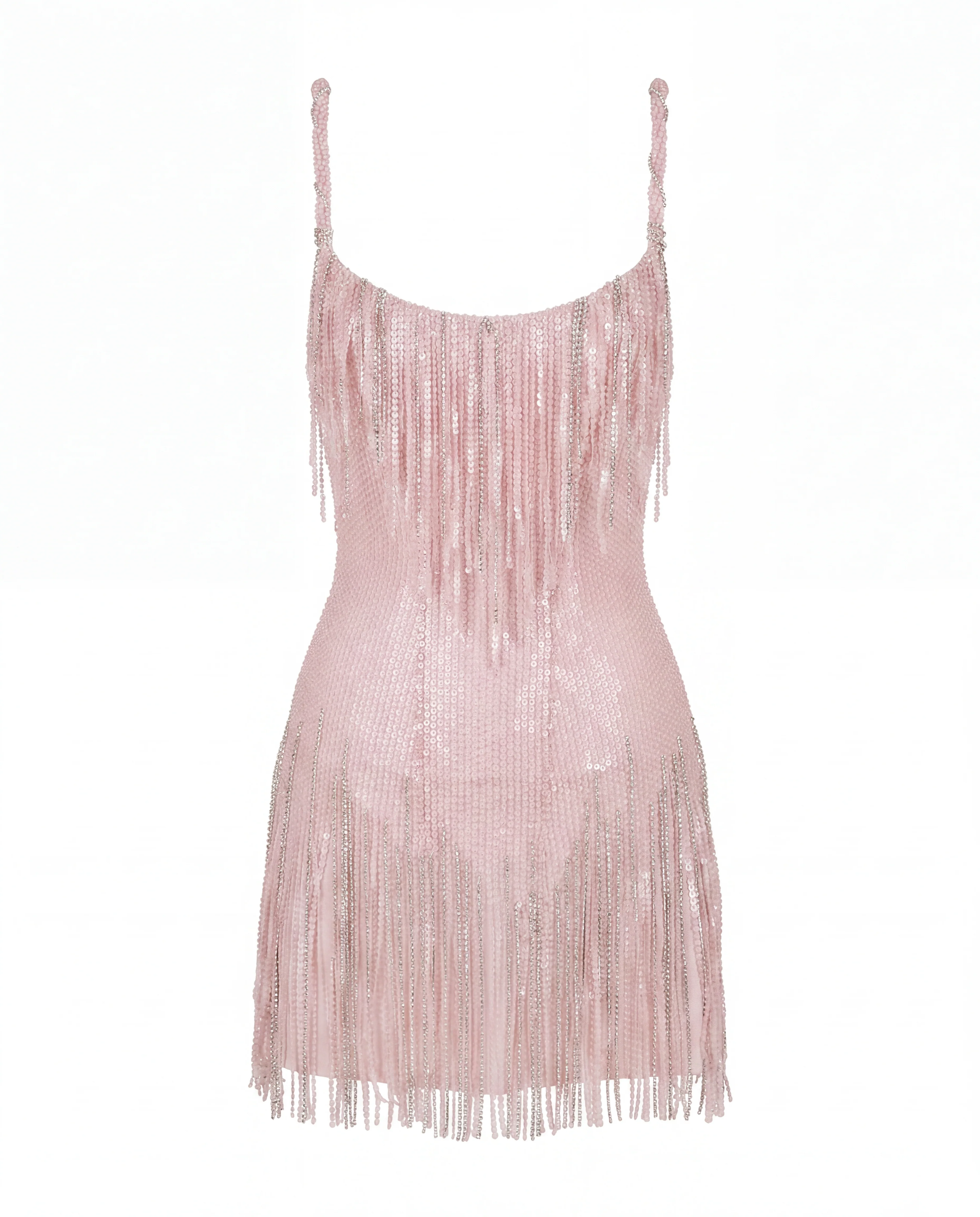 Pink Mini Dress with Fringe and Crystals