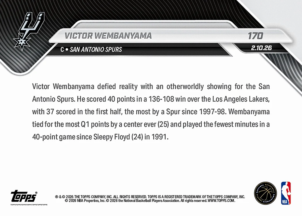 Victor Wembanyama - 2025-26 NBA Topps NOW® - Card 170 - PR: 2043
