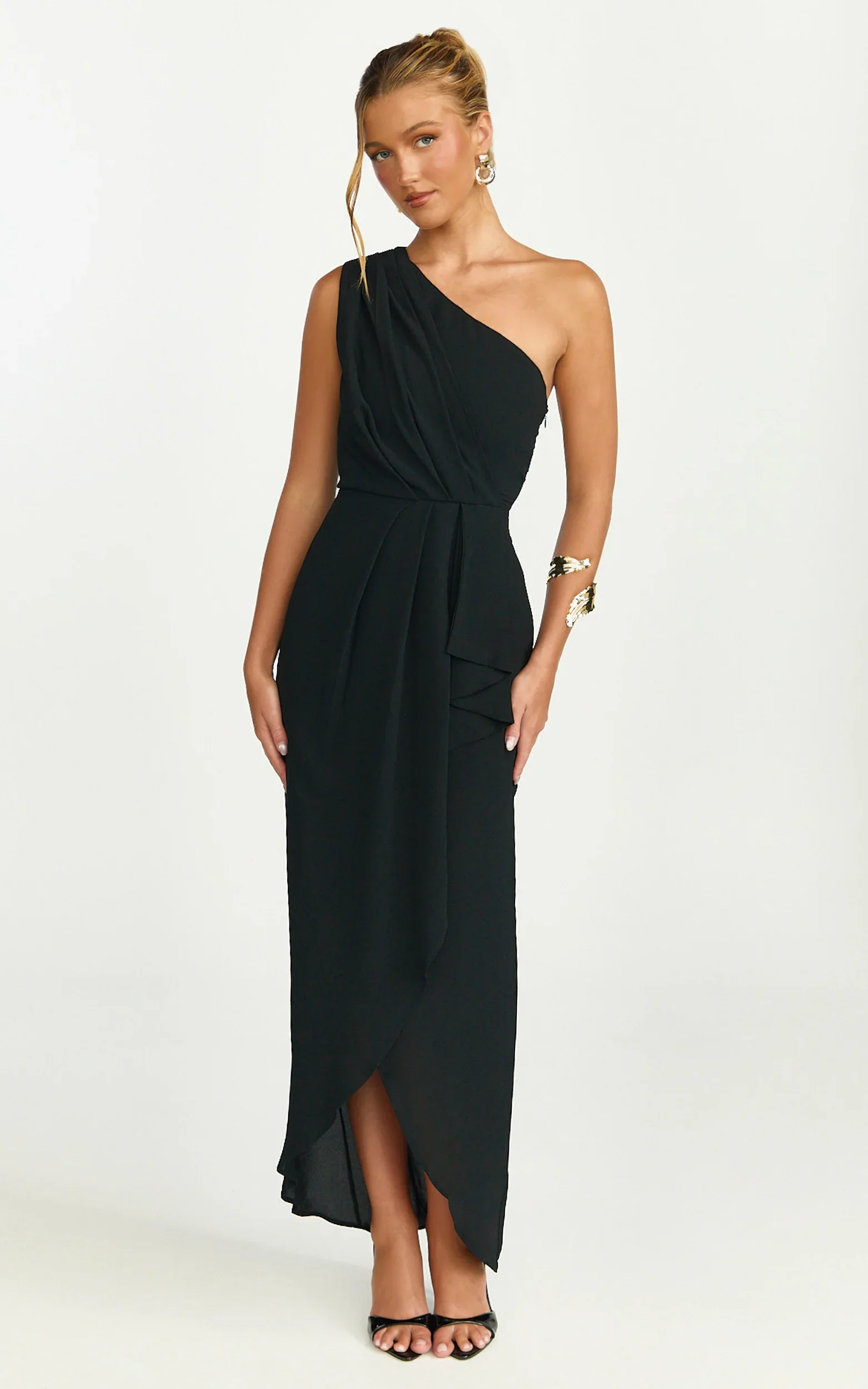 Namaari Midi Dress - Faux Wrap One Shoulder Dress in Black