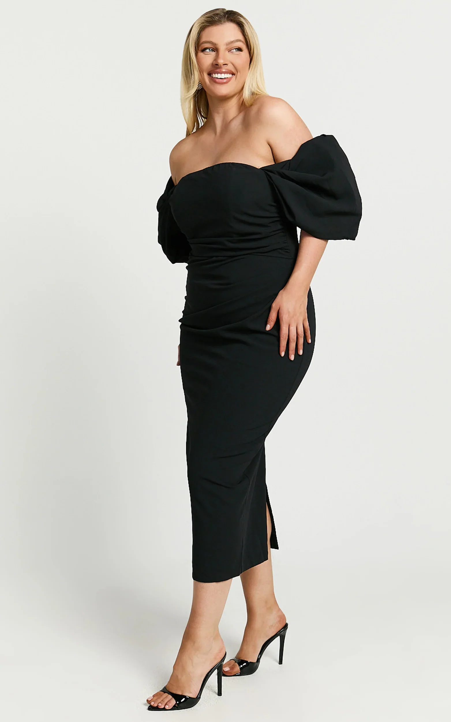 Lohan Midi Dress - Off Shoulder Puff Sleeve in Black
