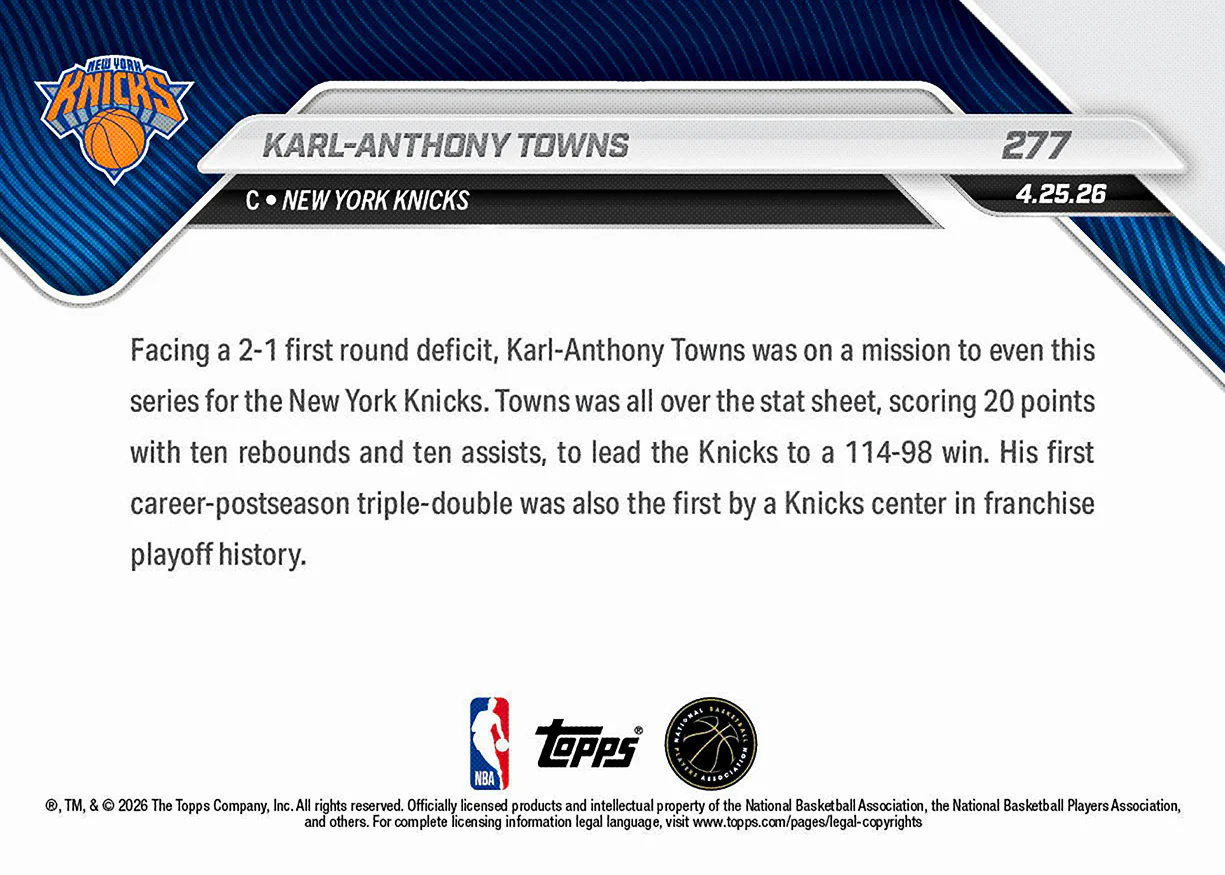 Karl-Anthony Towns - 2025-26 NBA Topps NOW® - Card 277 - PR: 553
